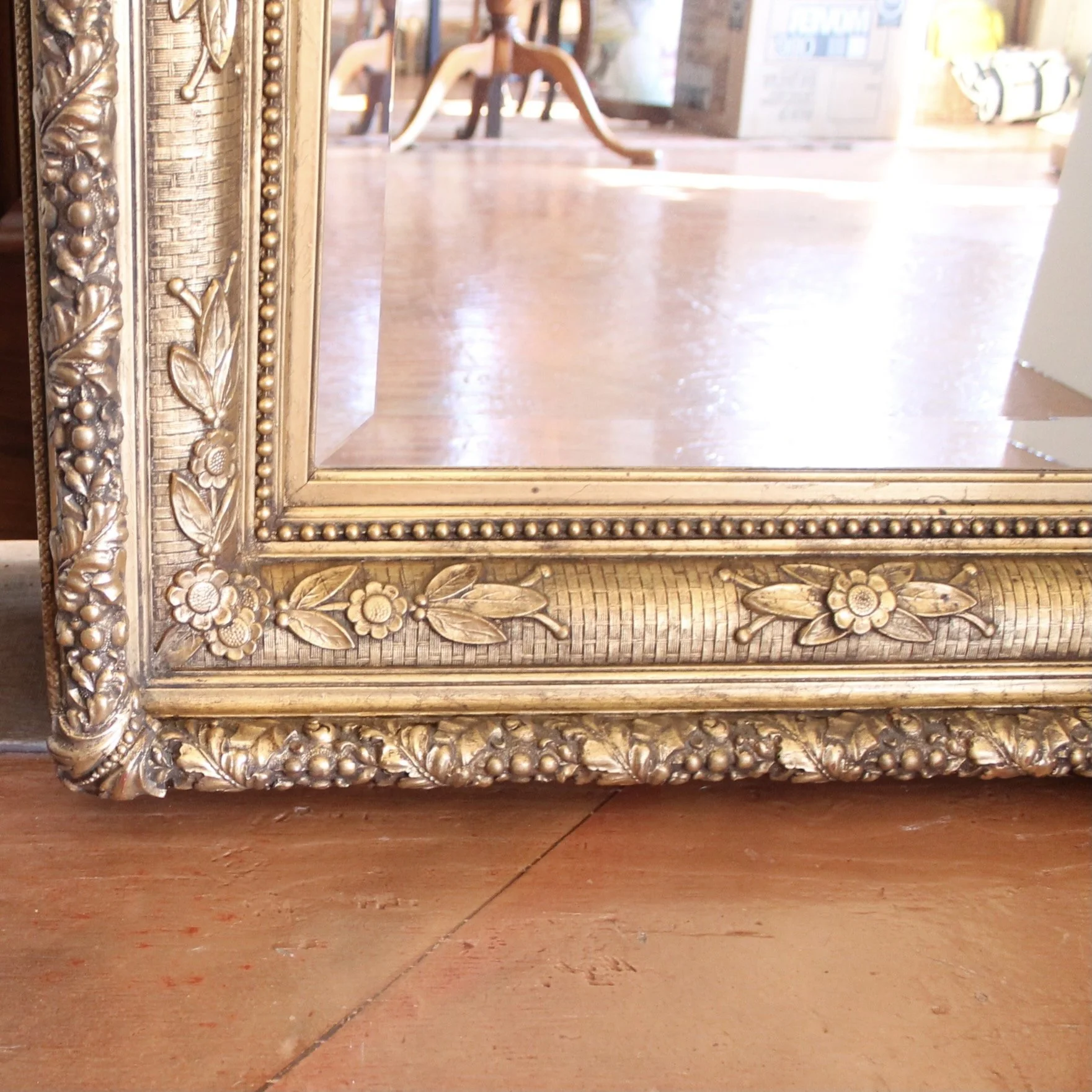 Large English Gilded Wall Mirror with Flowers and Basketweave Composition