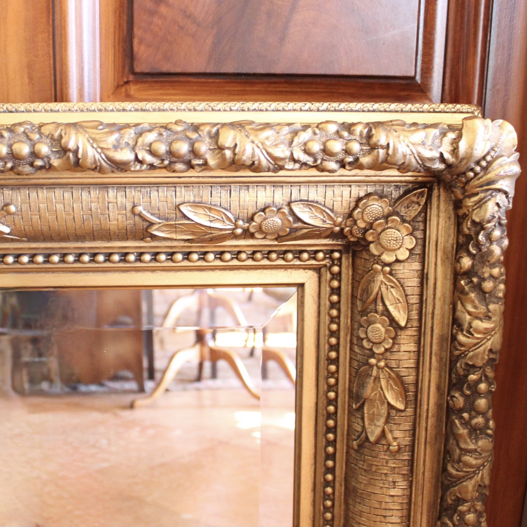 Large English Gilded Wall Mirror with Flowers and Basketweave Composition