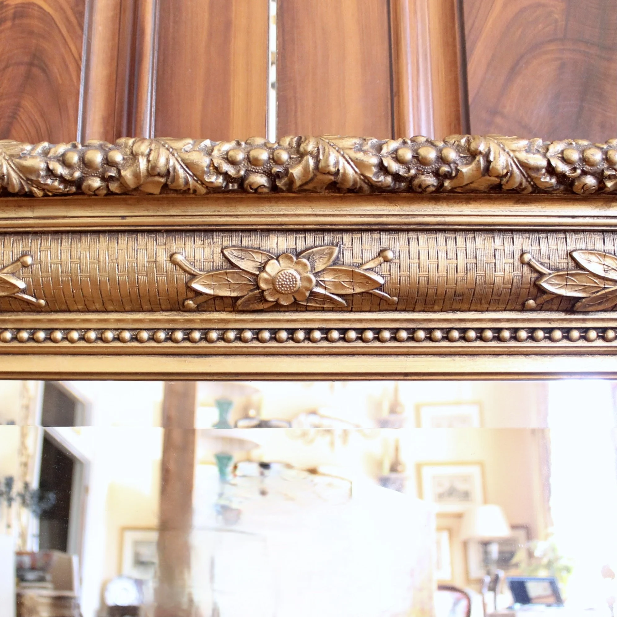 Large English Gilded Wall Mirror with Flowers and Basketweave Composition