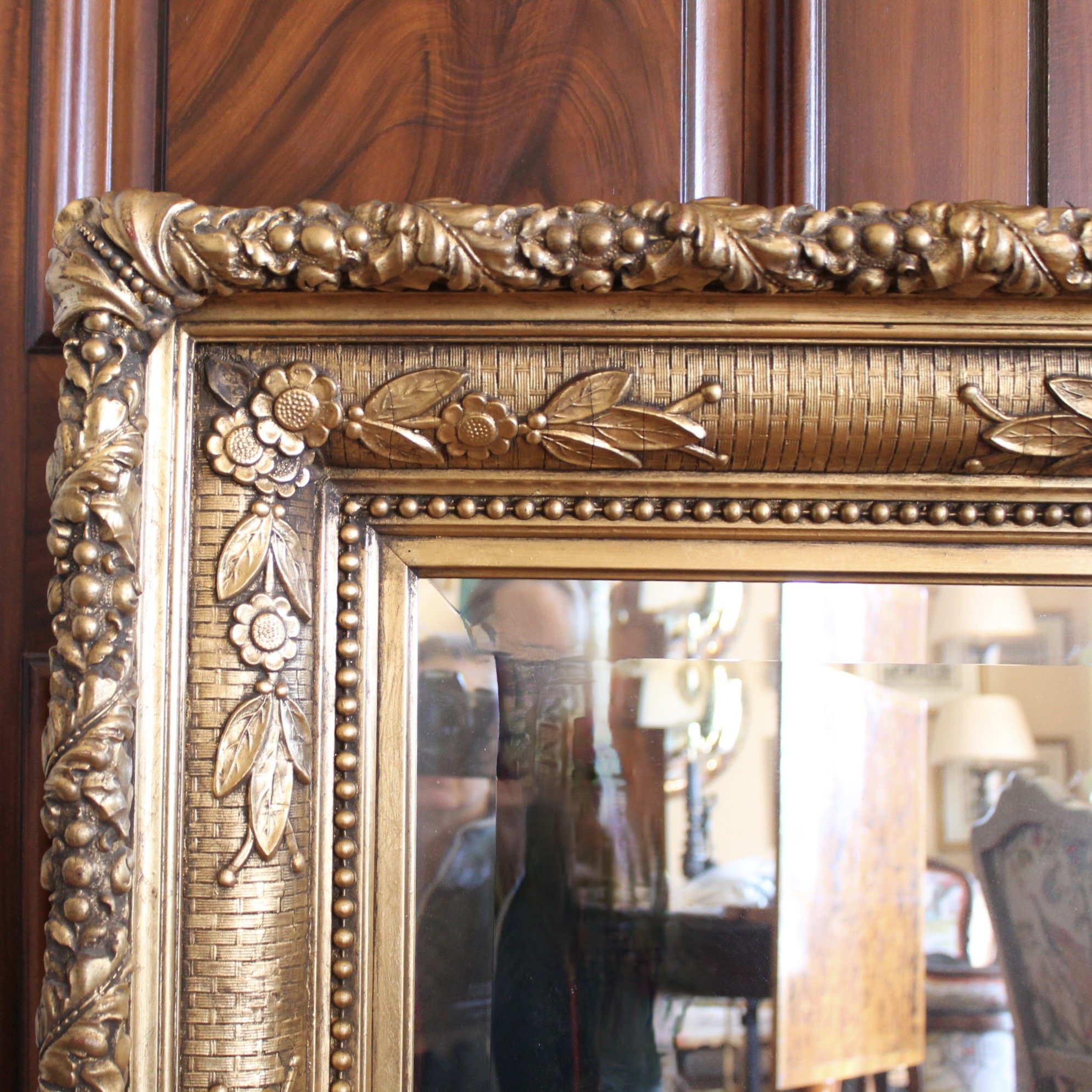 Large English Gilded Wall Mirror with Flowers and Basketweave Composition