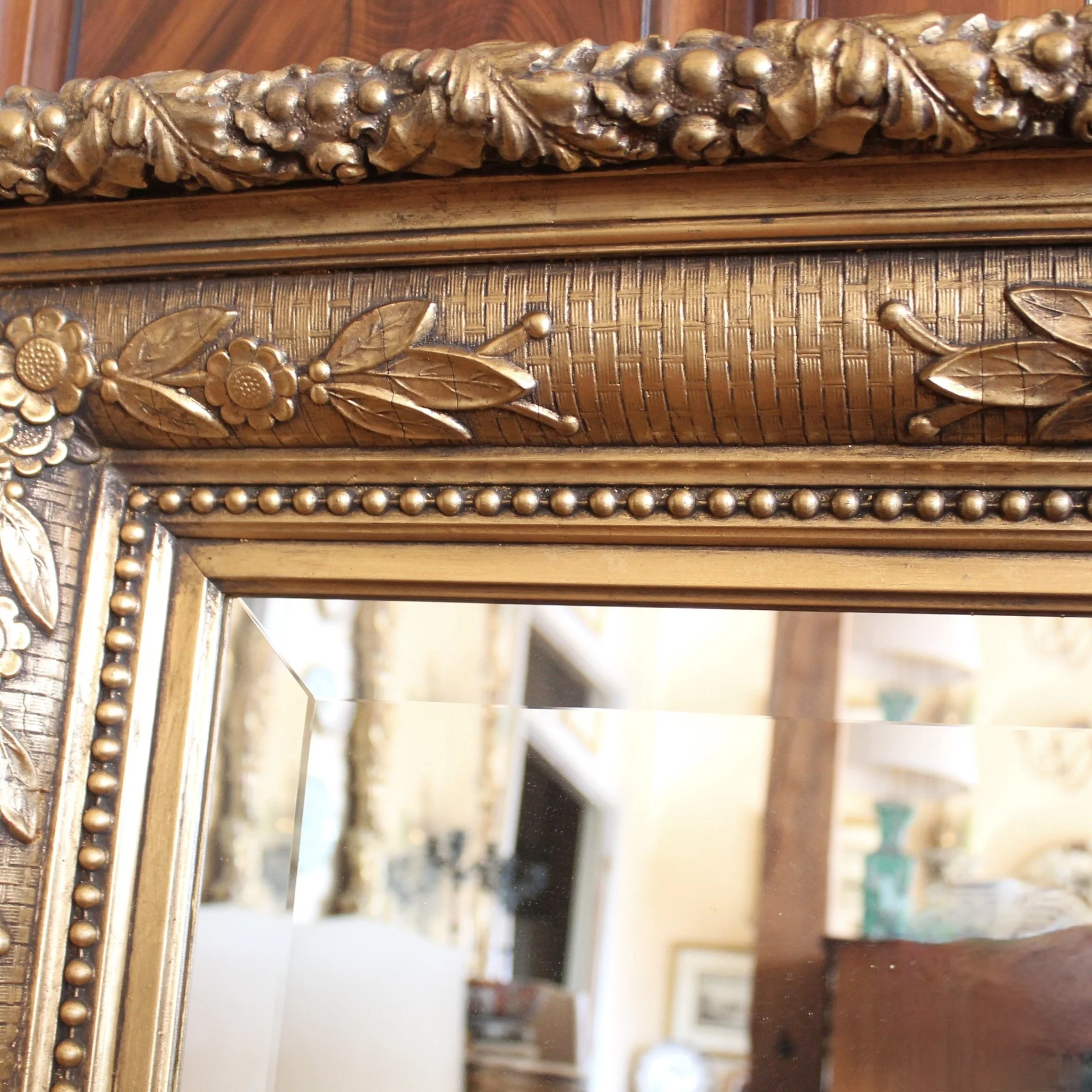 Large English Gilded Wall Mirror with Flowers and Basketweave Composition