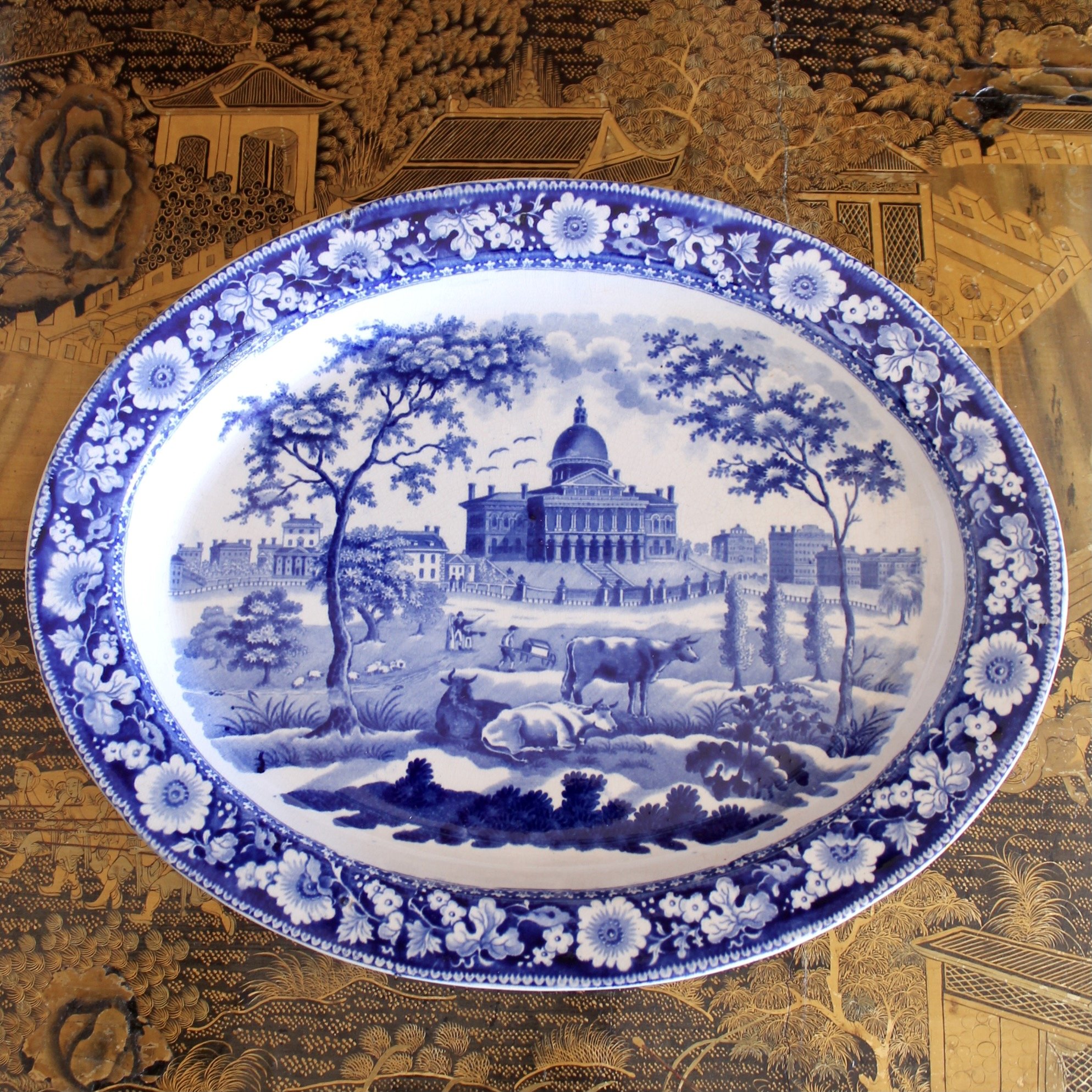 Staffordshire Blue and White Stone Ware Platter Depicting the Boston State House, Rogers