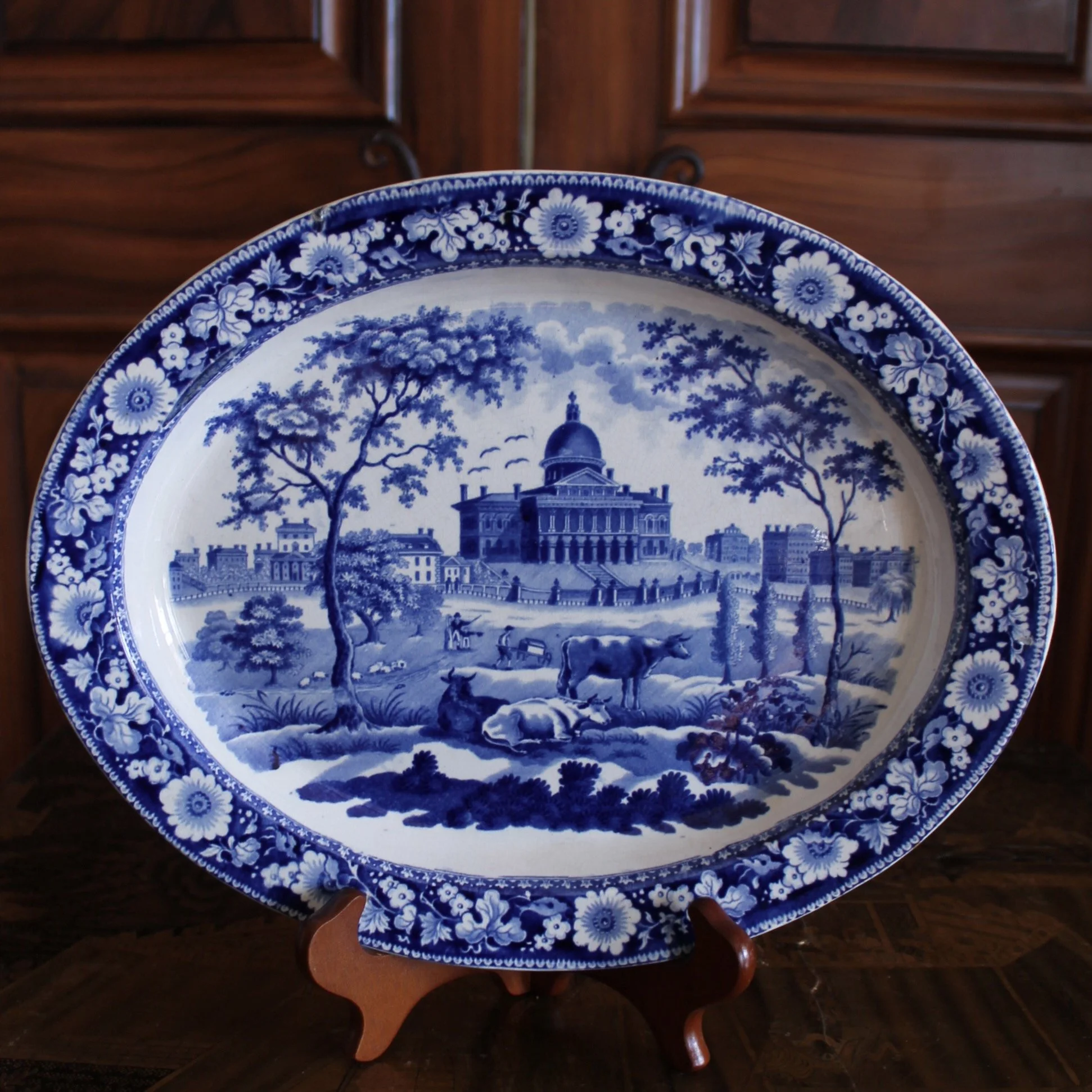 Staffordshire Blue and White Stone Ware Platter Depicting the Boston State House, Rogers