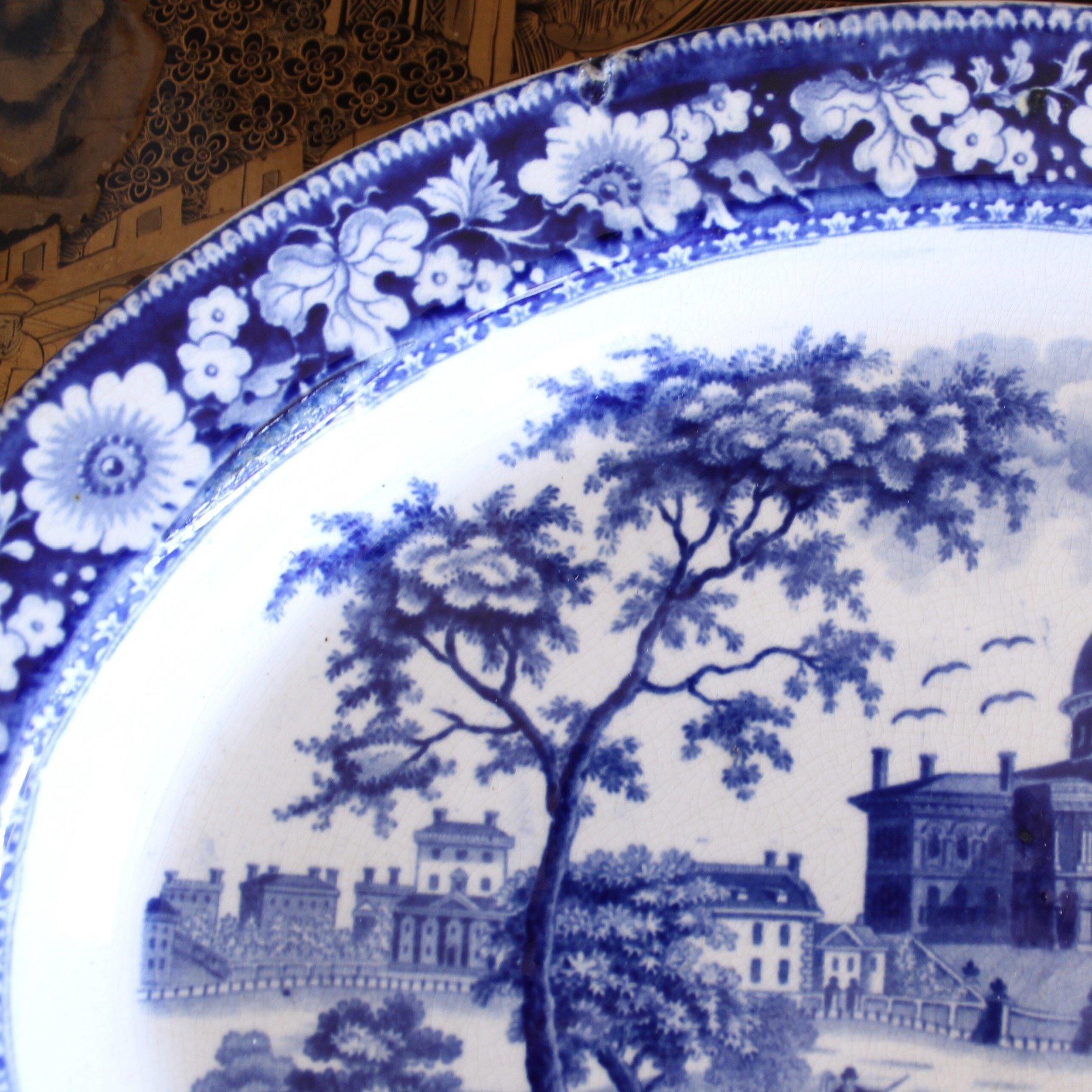 Staffordshire Blue and White Stone Ware Platter Depicting the Boston State House, Rogers
