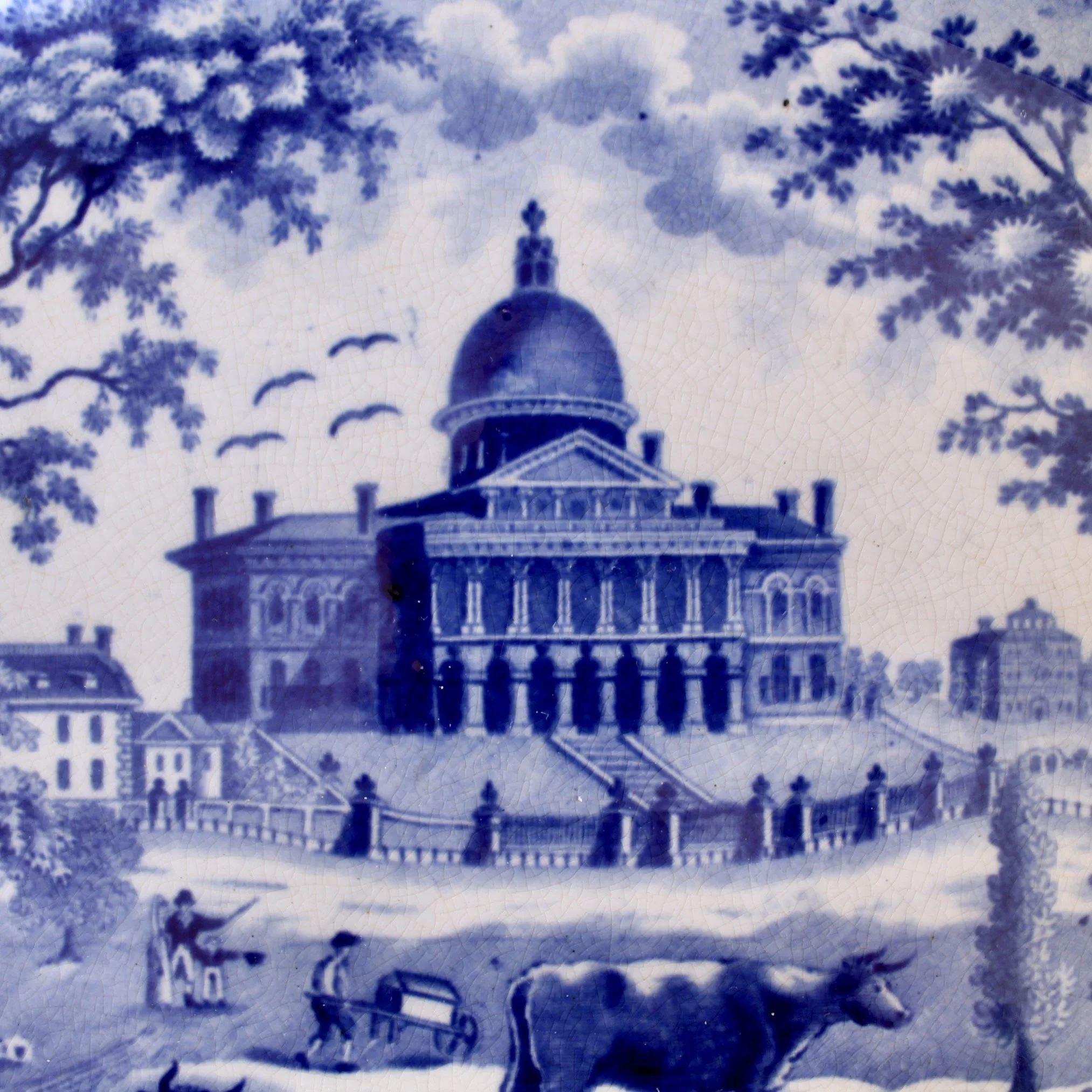 Staffordshire Blue and White Stone Ware Platter Depicting the Boston State House, Rogers
