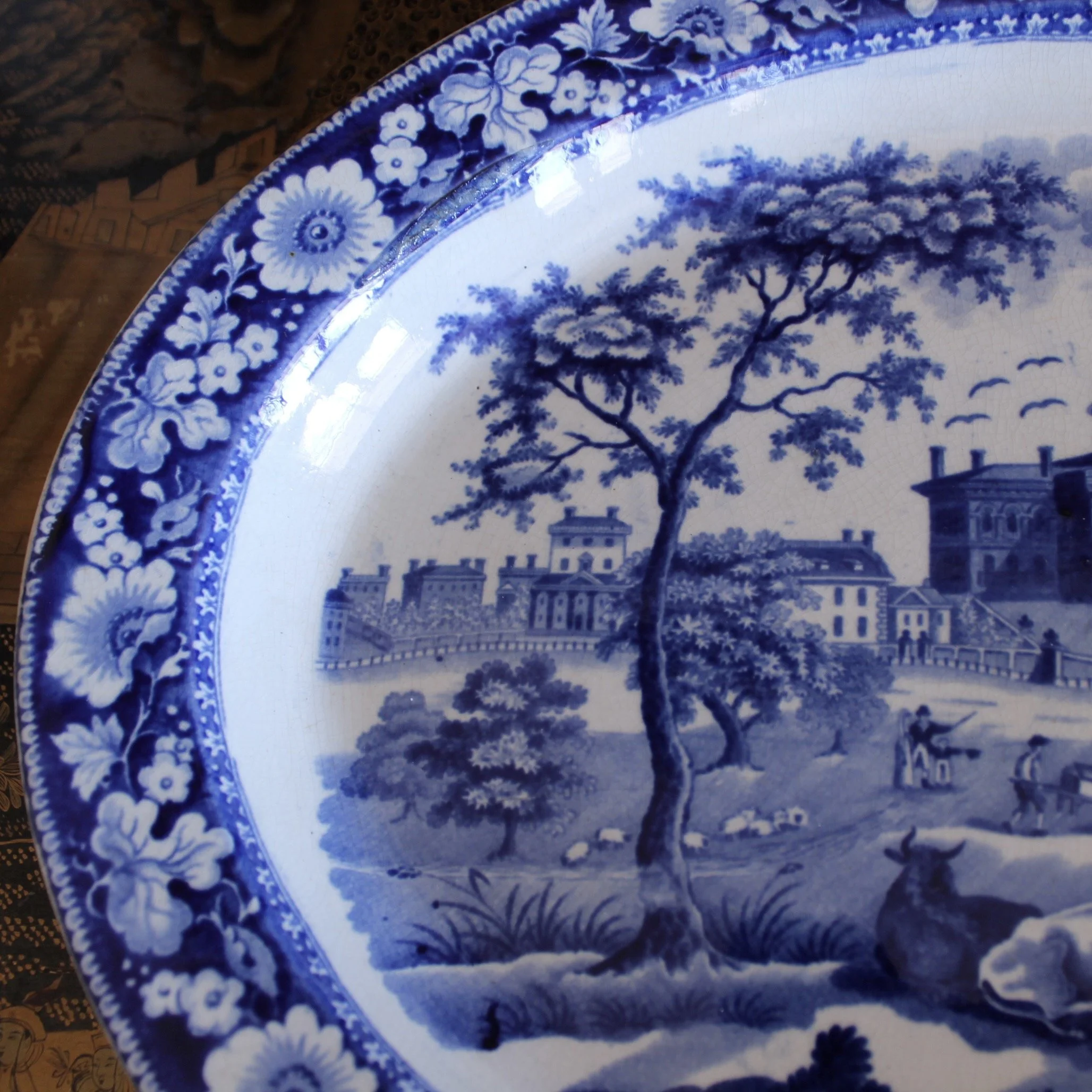 Staffordshire Blue and White Stone Ware Platter Depicting the Boston State House, Rogers