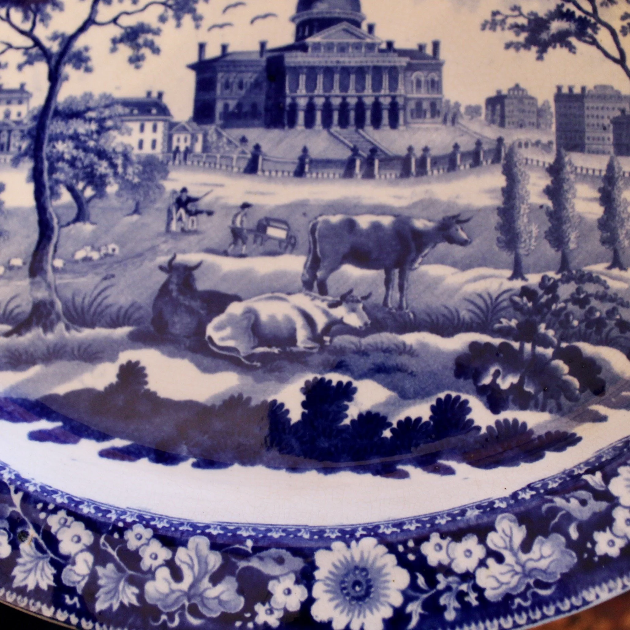 Staffordshire Blue and White Stone Ware Platter Depicting the Boston State House, Rogers