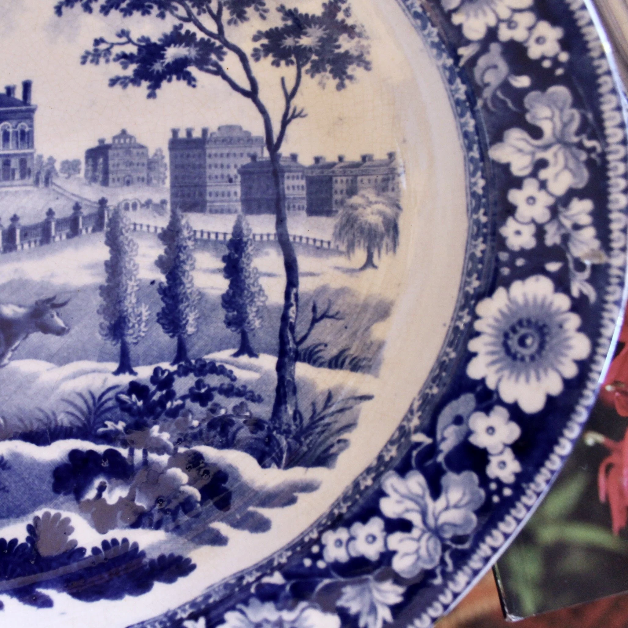Staffordshire Blue and White Stone Ware Platter Depicting the Boston State House, Rogers
