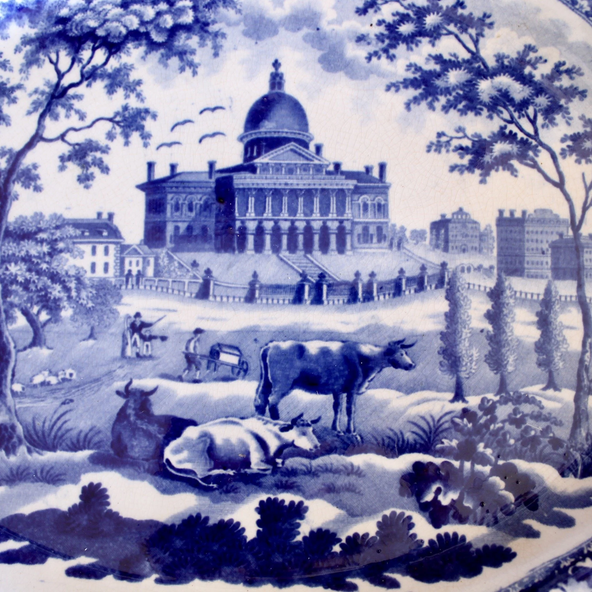 Staffordshire Blue and White Stone Ware Platter Depicting the Boston State House, Rogers
