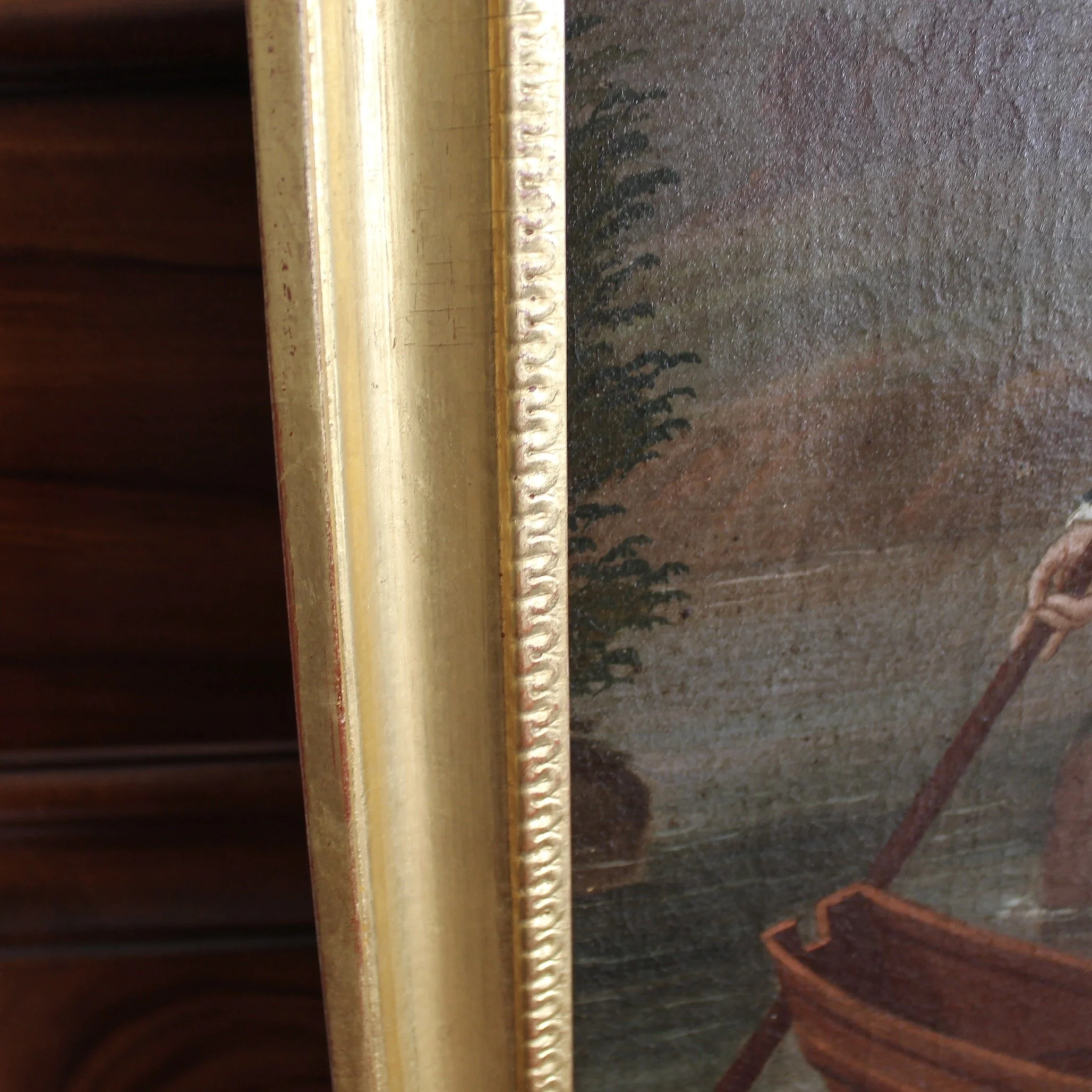 Continental Trumeau Gilt Framed Mirror, “Boating With Swans,” Early 19th Century