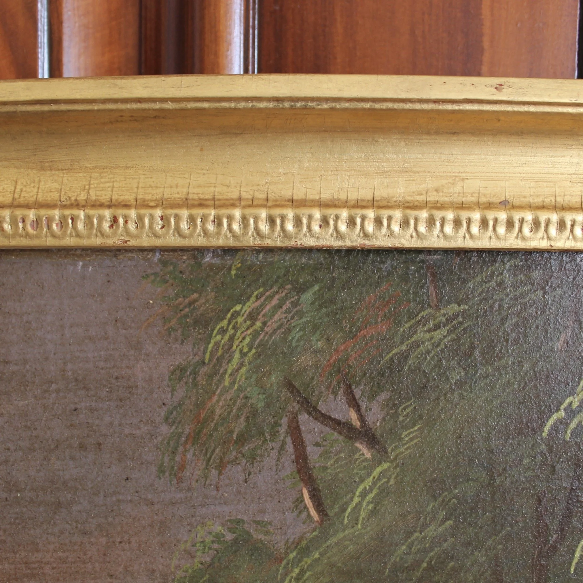 Continental Trumeau Gilt Framed Mirror, “Boating With Swans,” Early 19th Century