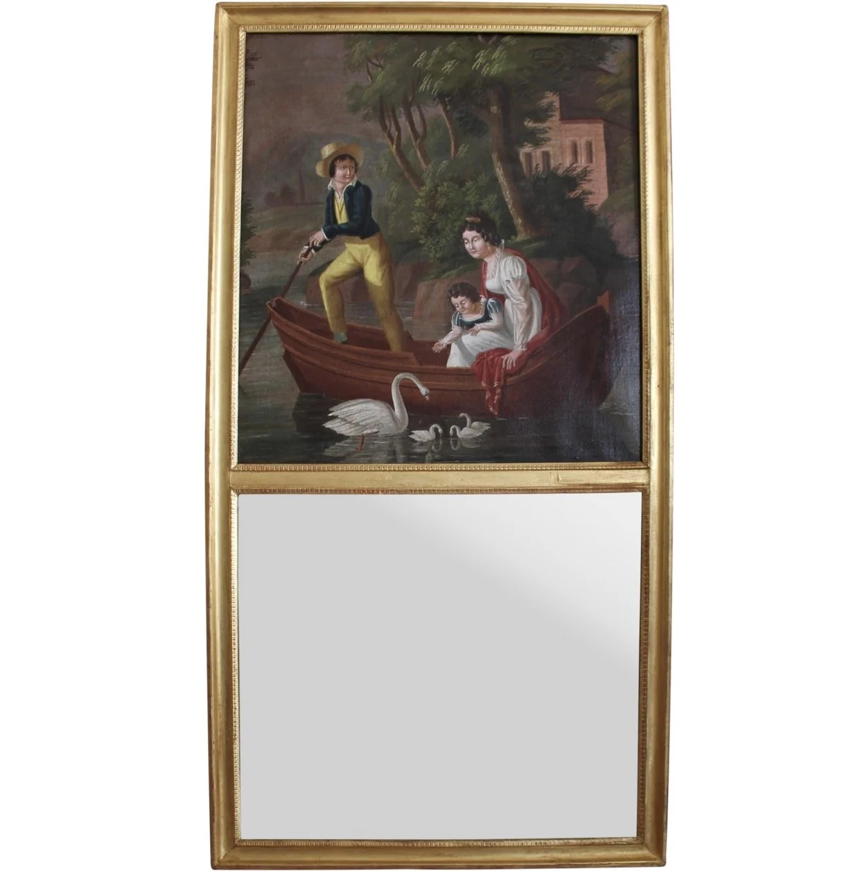 Continental Trumeau Gilt Framed Mirror, “Boating With Swans,” Early 19th Century
