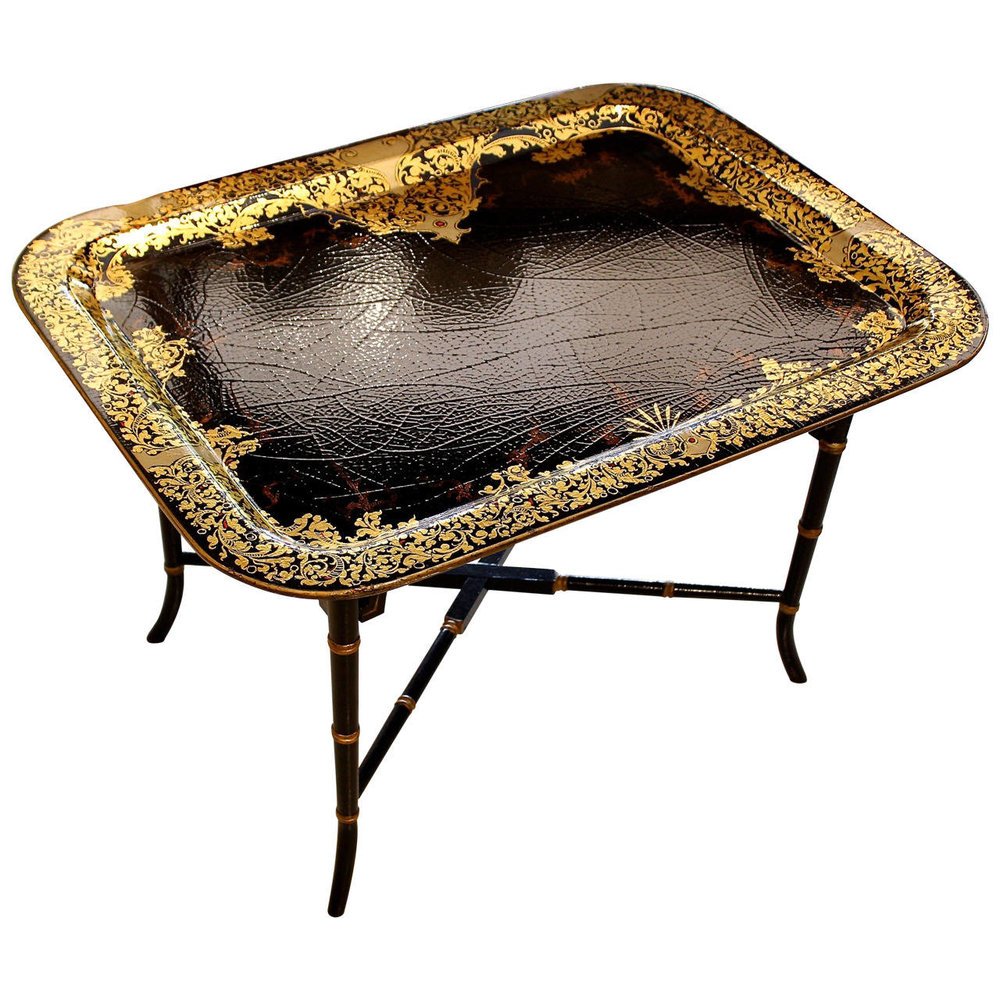 English Papier Mâché Painted and Gilded Tray Table, 19th Century