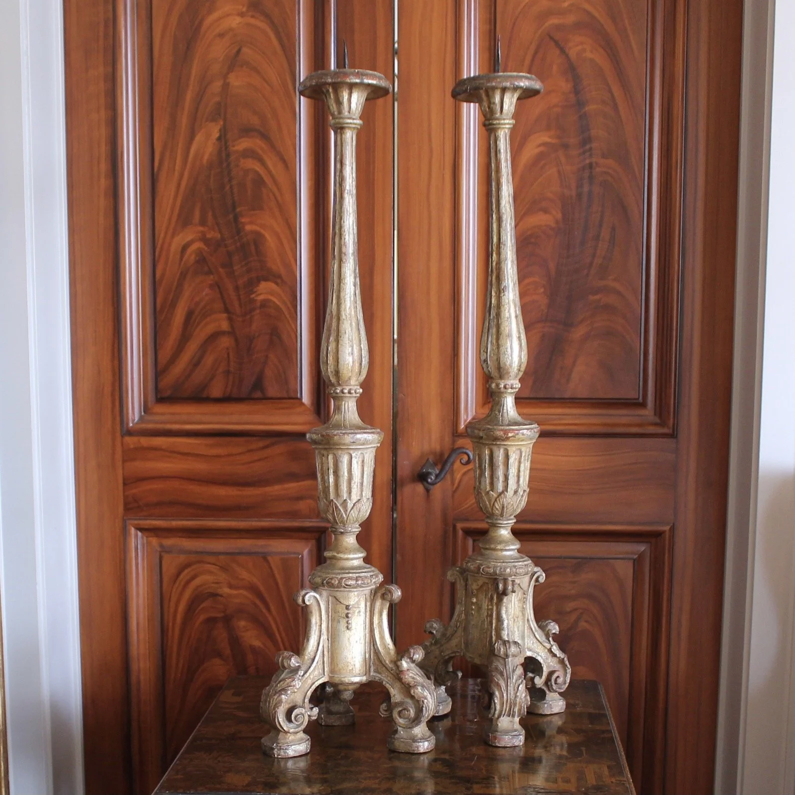 Pair of Tall Italian Silver Gilt Prickets, 18th Century