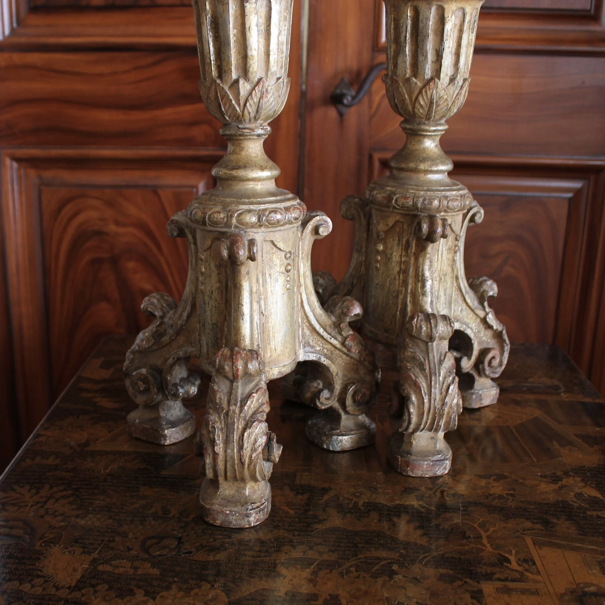 Pair of Tall Italian Silver Gilt Prickets, 18th Century