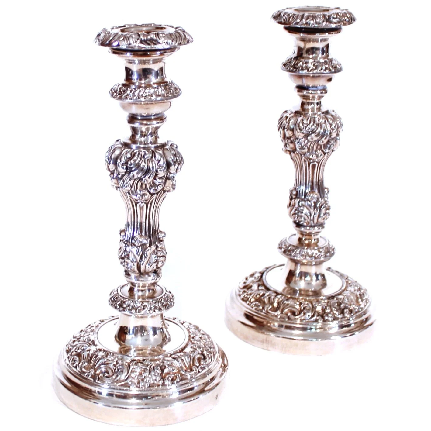 Pair of English Silver on Copper Antique Sheffield Candlesticks, 19th Century