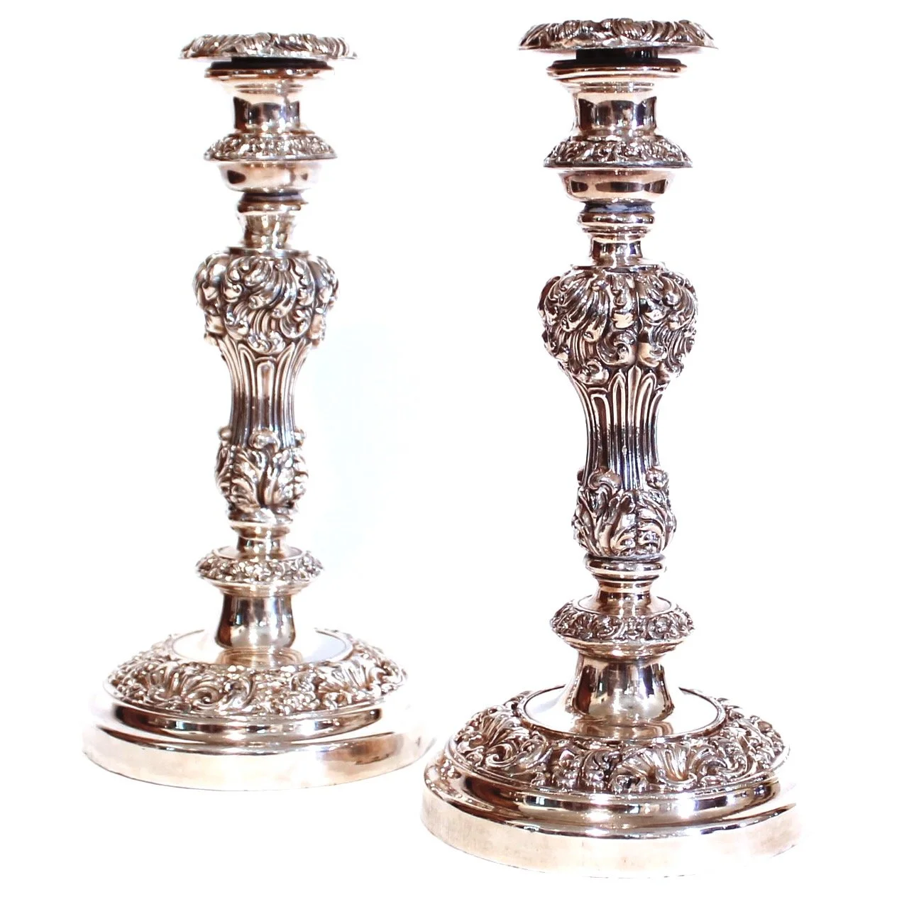 Pair of English Silver on Copper Antique Sheffield Candlesticks, 19th Century
