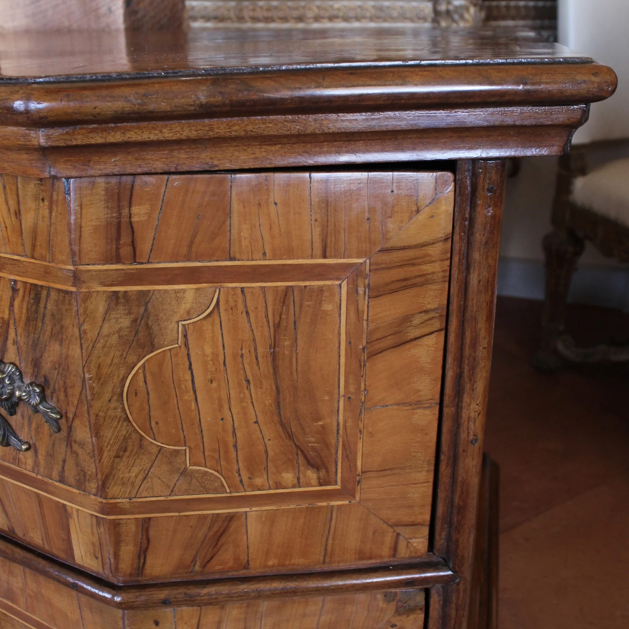 North Italian Baroque Marquetry Walnut Commode Sauteuse, 18th Century