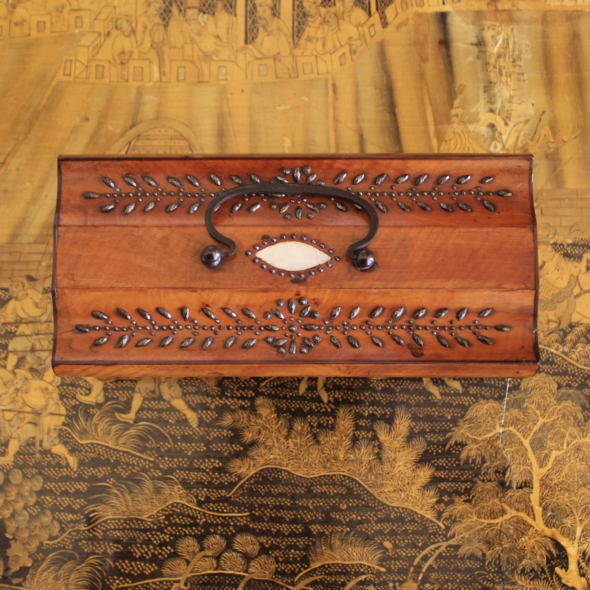 English Fruitwood Box with Cut Steel Decoration