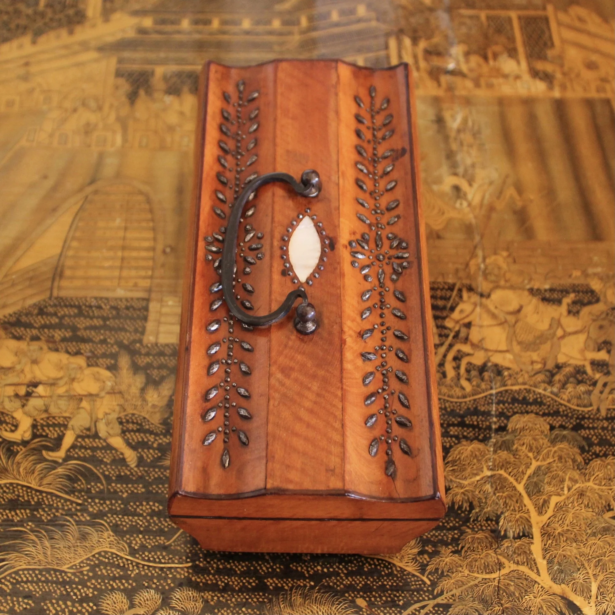 English Fruitwood Box with Cut Steel Decoration