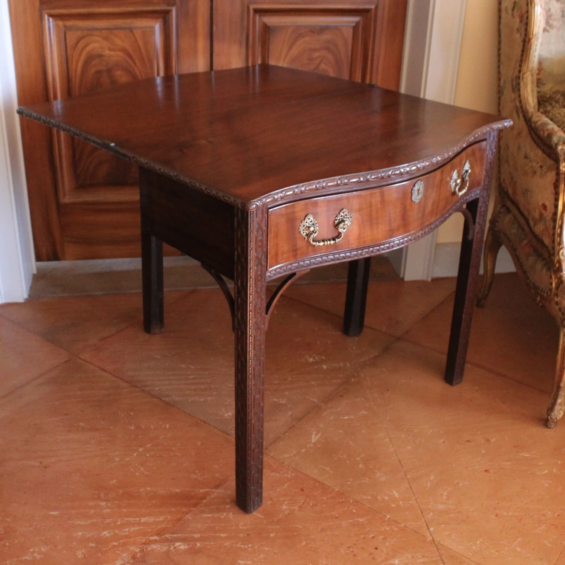 George III Serpentine Front Card Table with Chinese Chippendale Fret Legs, 18th Century