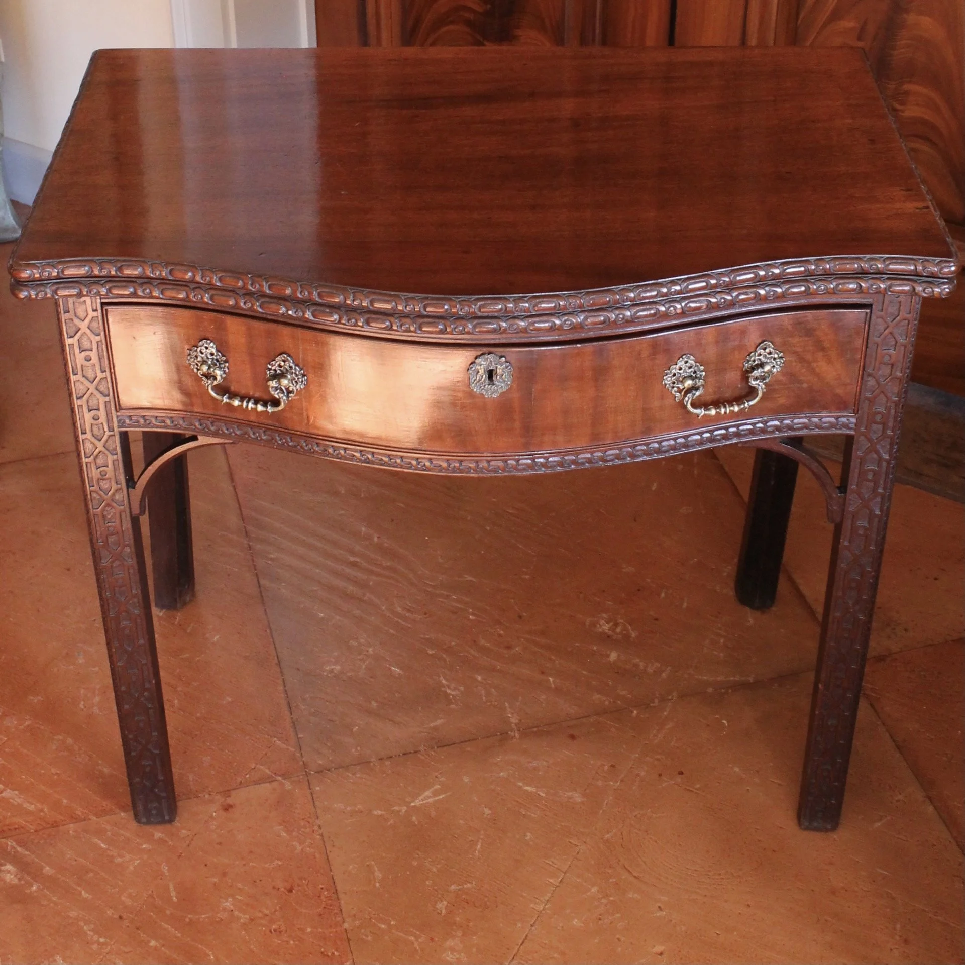 George III Serpentine Front Card Table with Chinese Chippendale Fret Legs, 18th Century