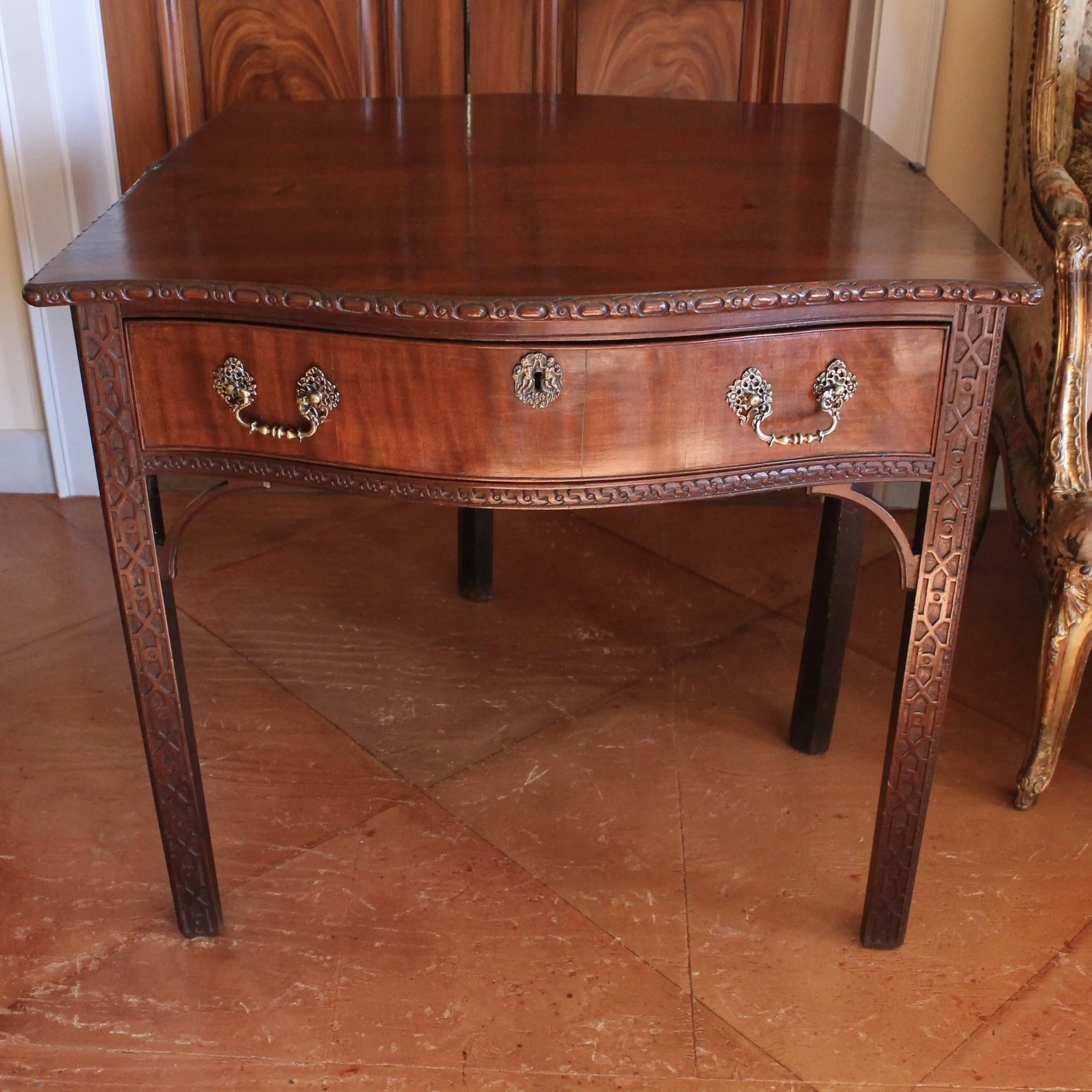 George III Serpentine Front Card Table with Chinese Chippendale Fret Legs, 18th Century