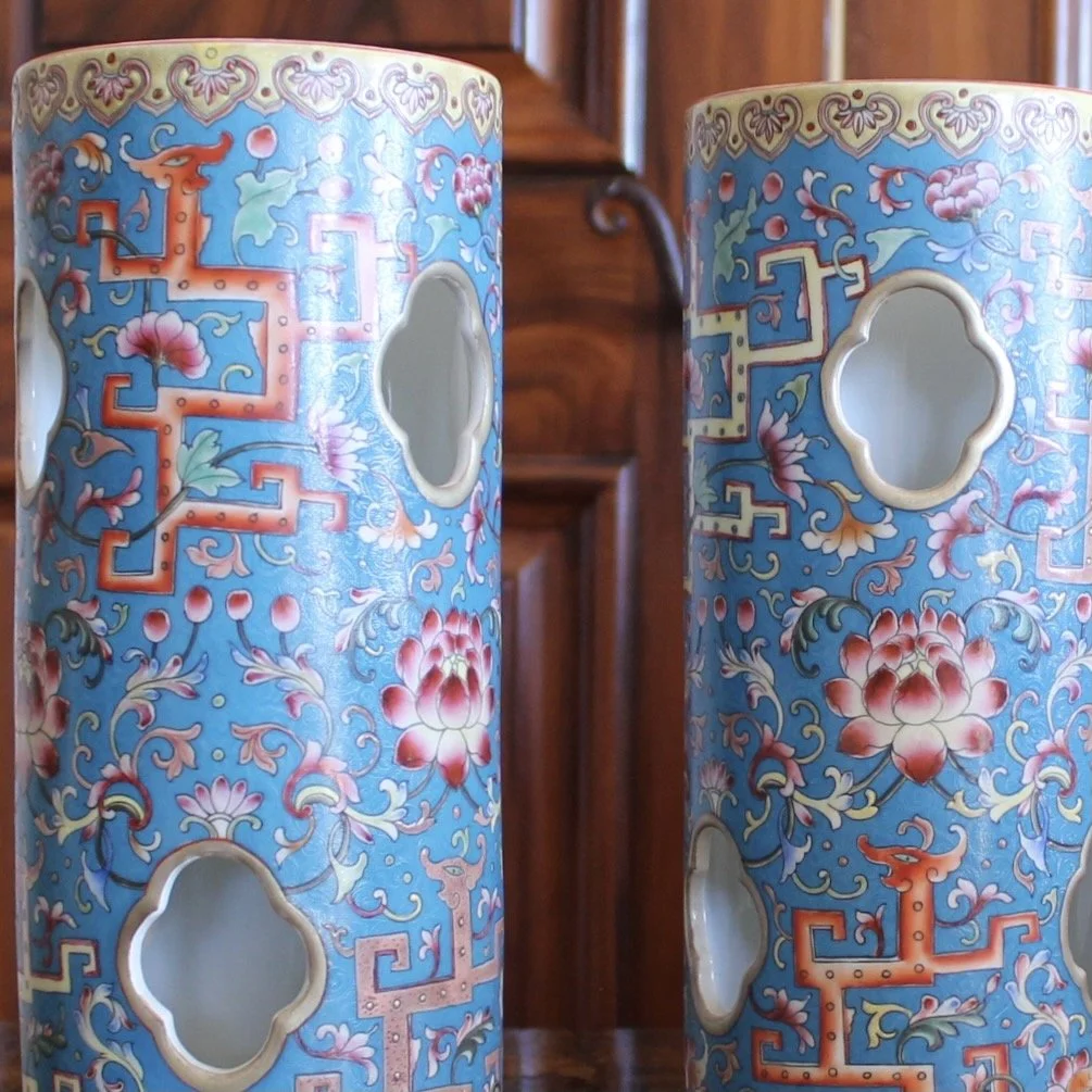 Pair of Cerulean Blue Chinese Porcelain Hat Stands / Wig Stands
