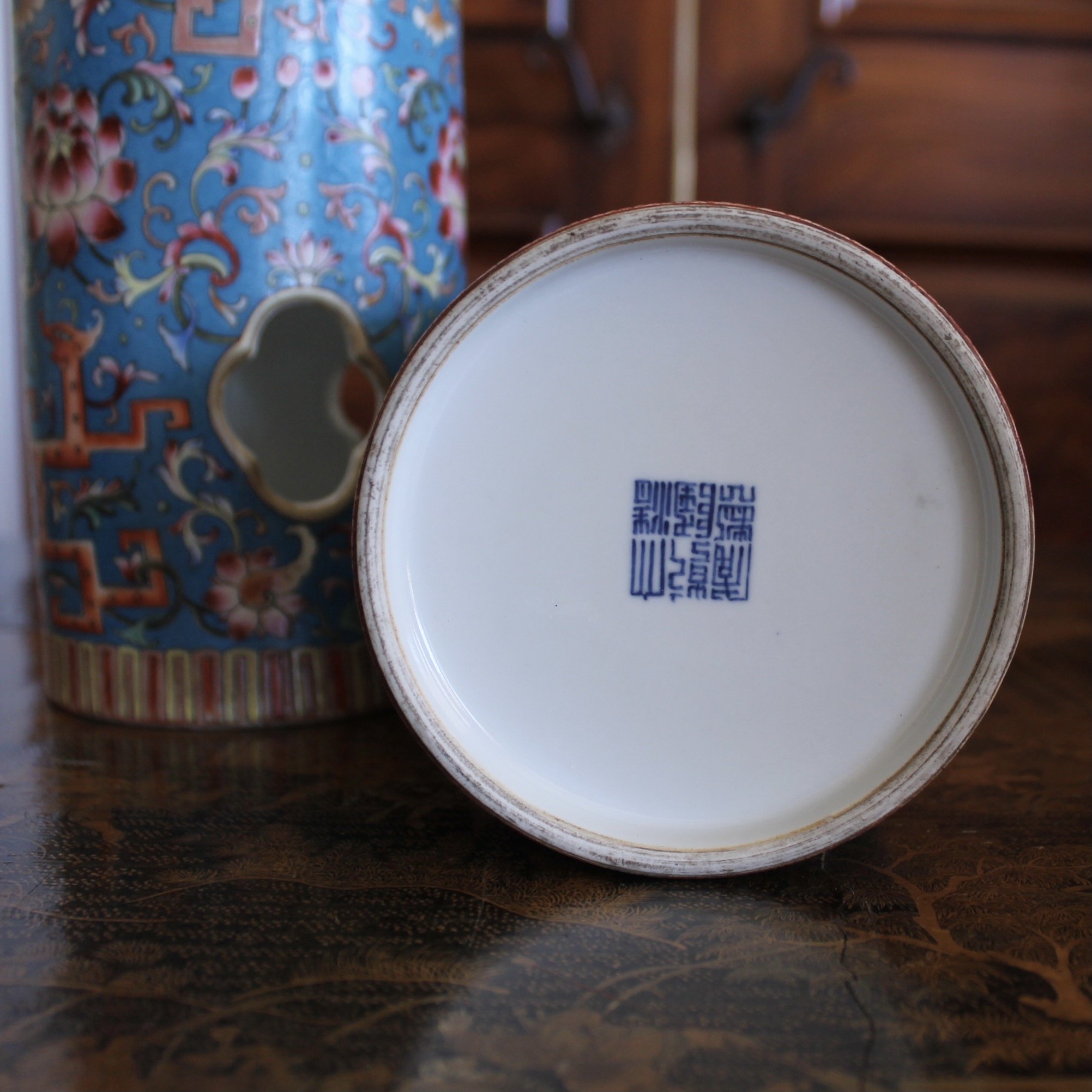 Pair of Cerulean Blue Chinese Porcelain Hat Stands / Wig Stands