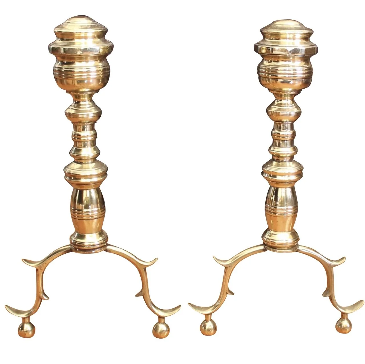 Small Pair of American Federal Period Brass Andirons