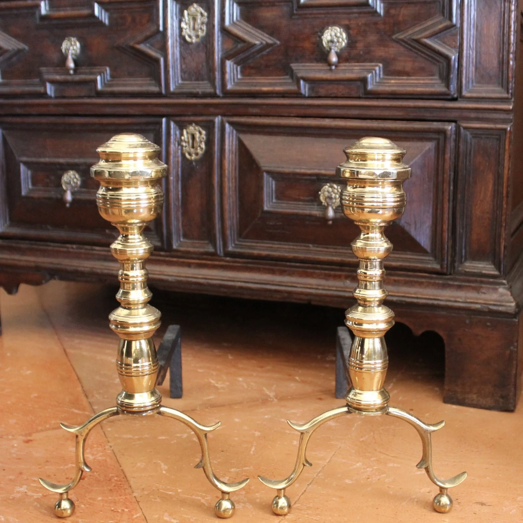 Small Pair of American Federal Period Brass Andirons