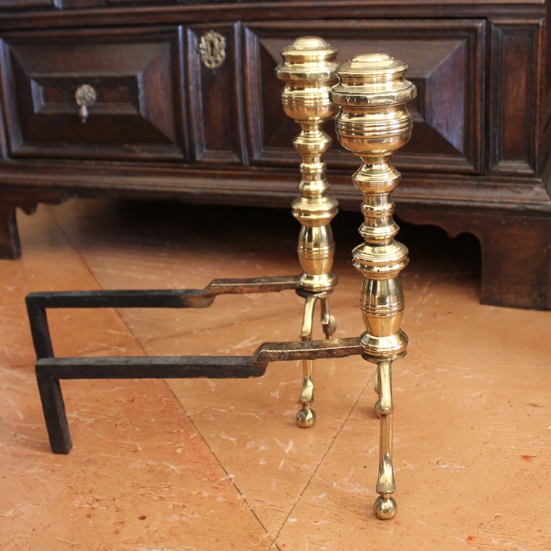 Small Pair of American Federal Period Brass Andirons