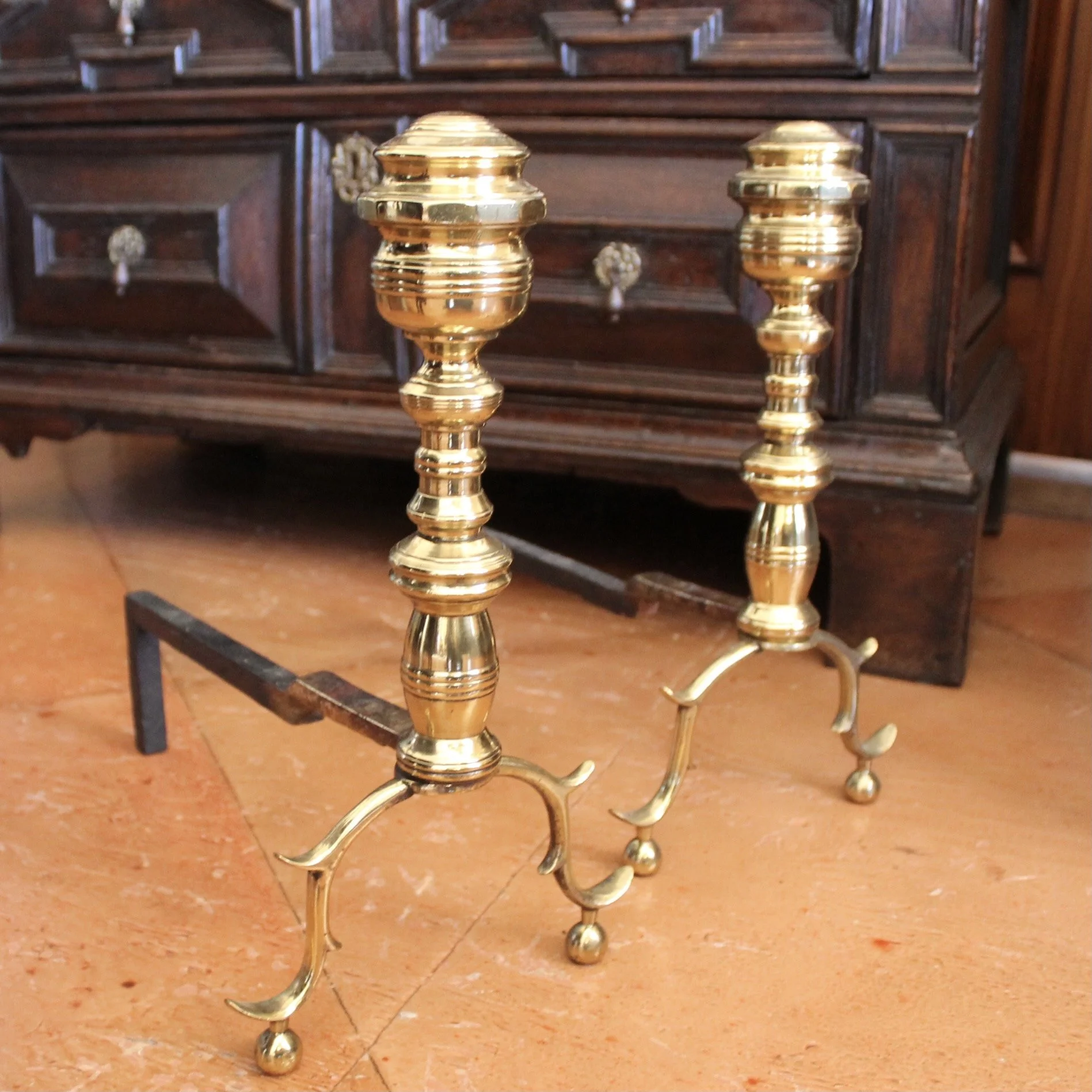 Small Pair of American Federal Period Brass Andirons