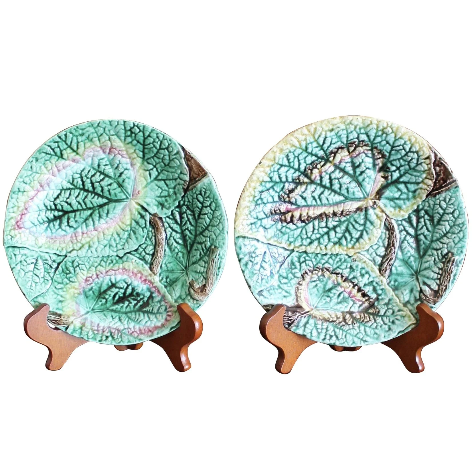 Pair of Round Begonia English Majolica Plates