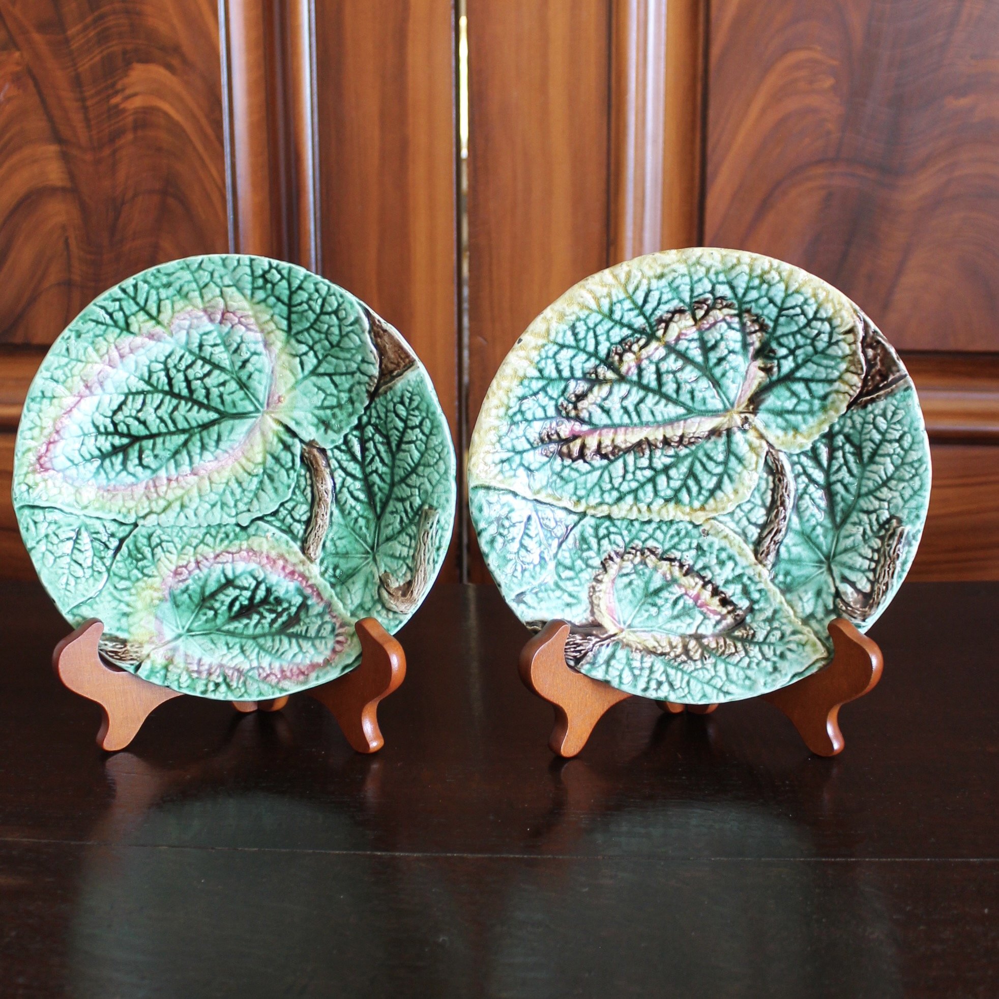 Pair of Round Begonia English Majolica Plates