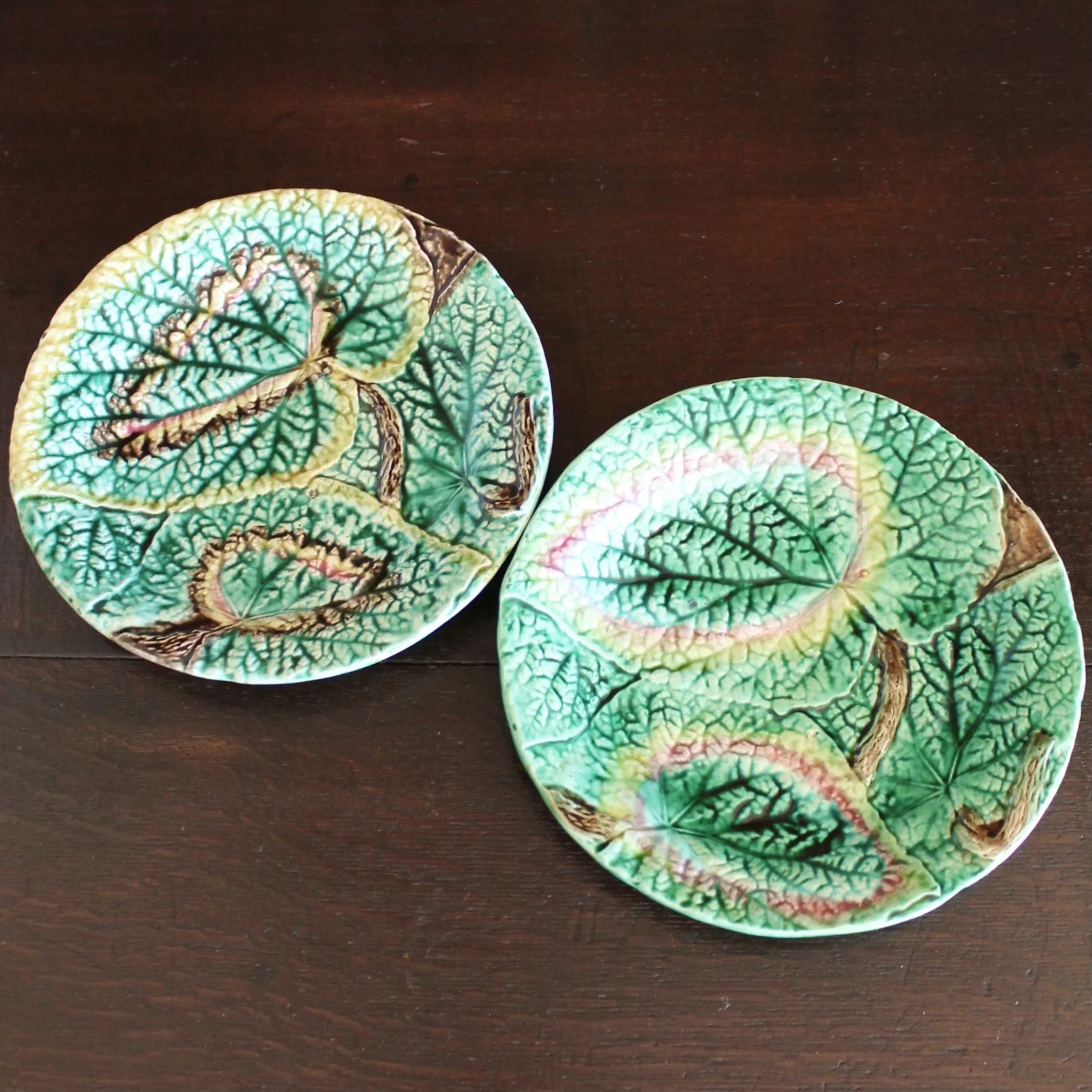 Pair of Round Begonia English Majolica Plates