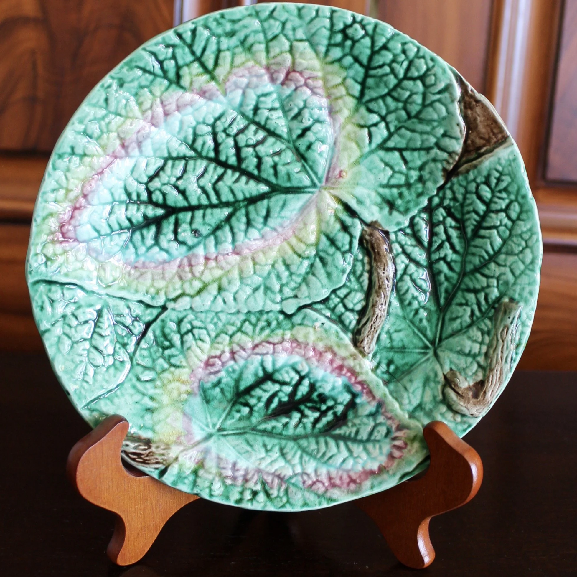 Pair of Round Begonia English Majolica Plates