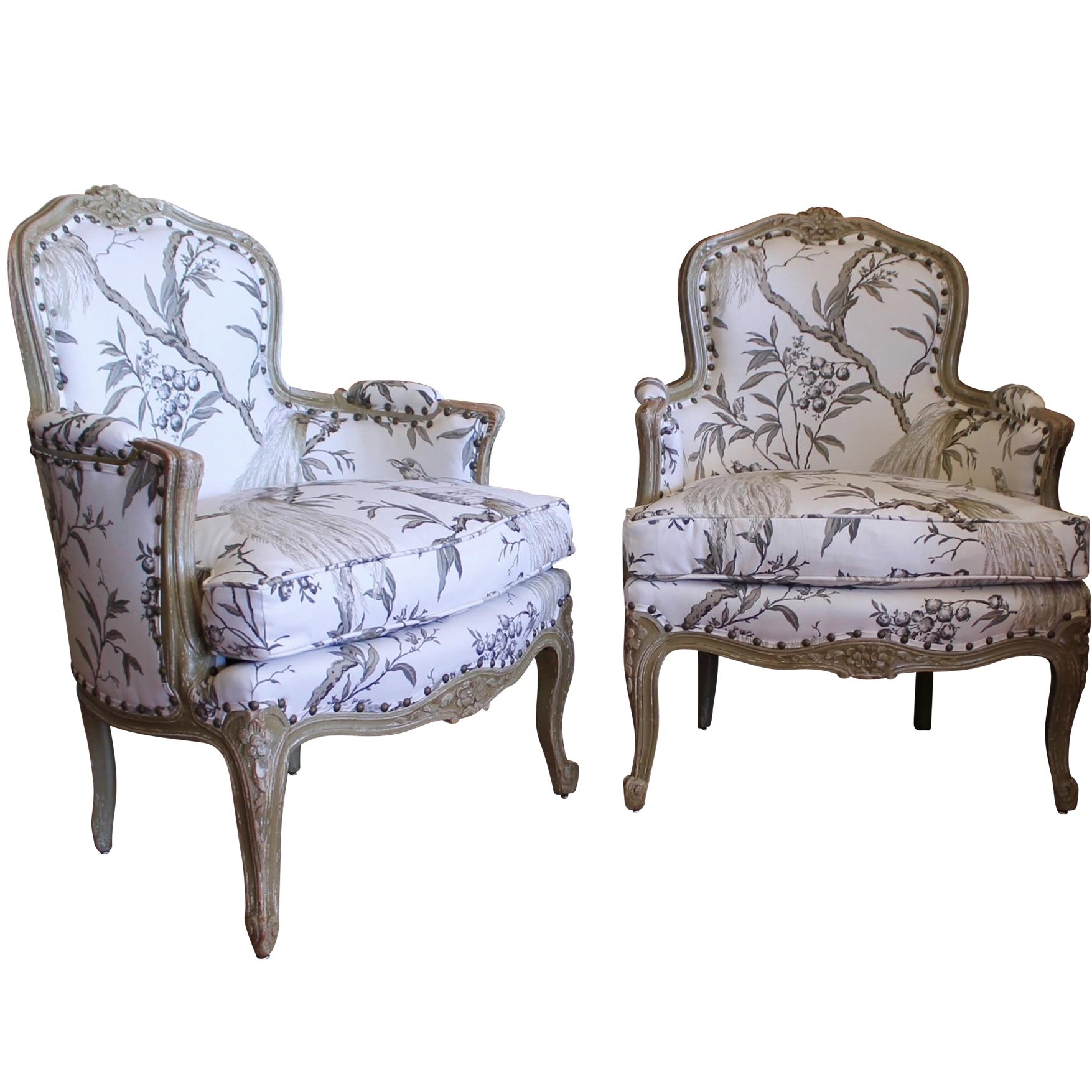 Pair of French Louis XV Style Grey Painted Bergères Upholstered in Birds and Branches