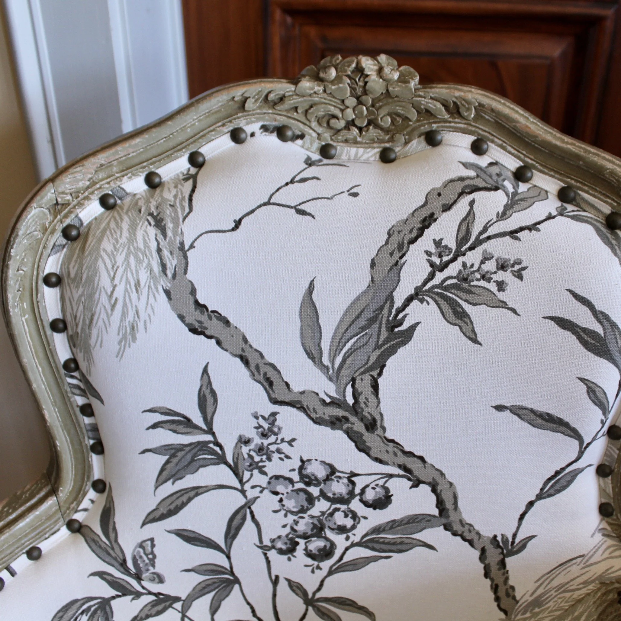 Pair of French Louis XV Style Grey Painted Bergères