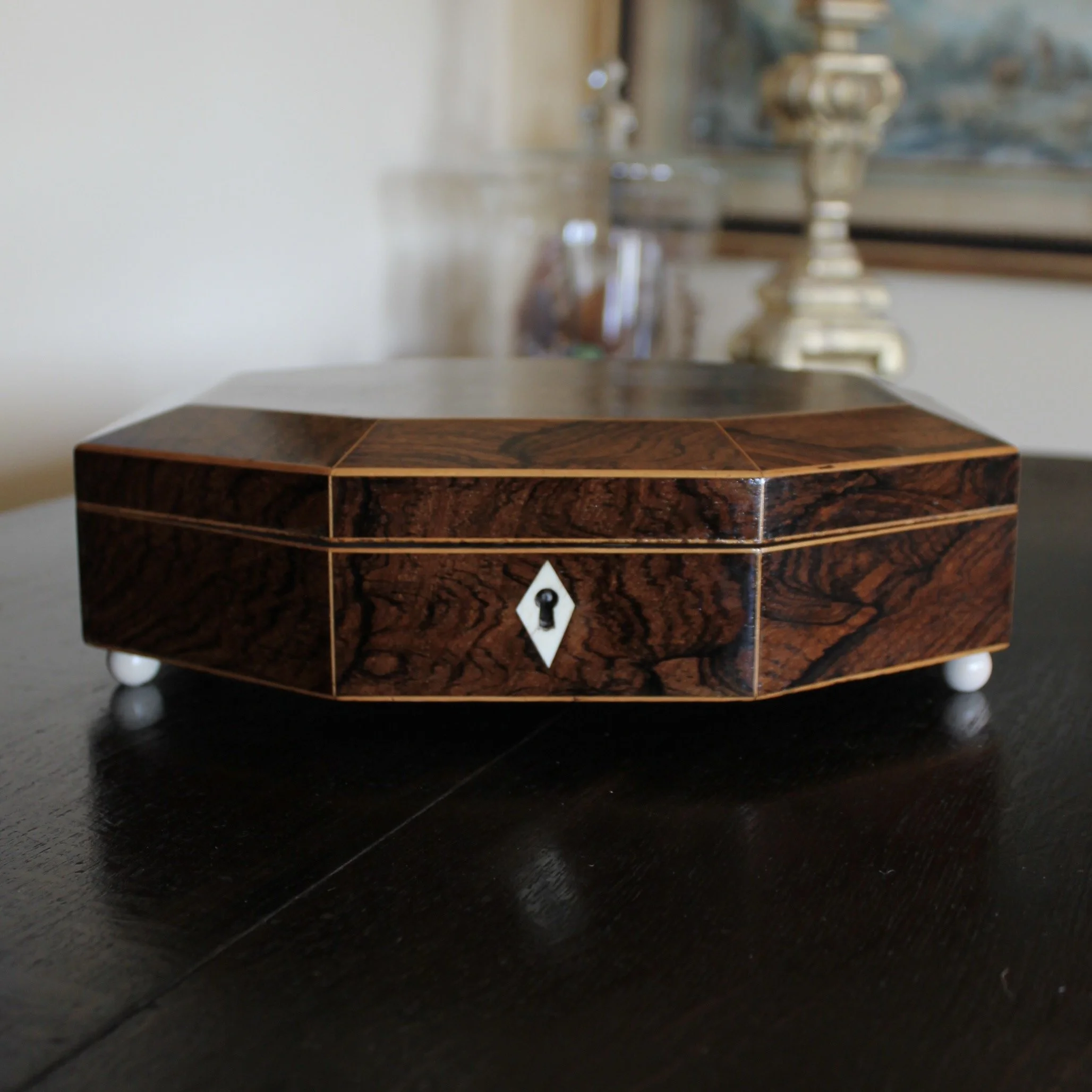 English Octagonal Rosewood with Boxwood Line Inlay Jewelry Box