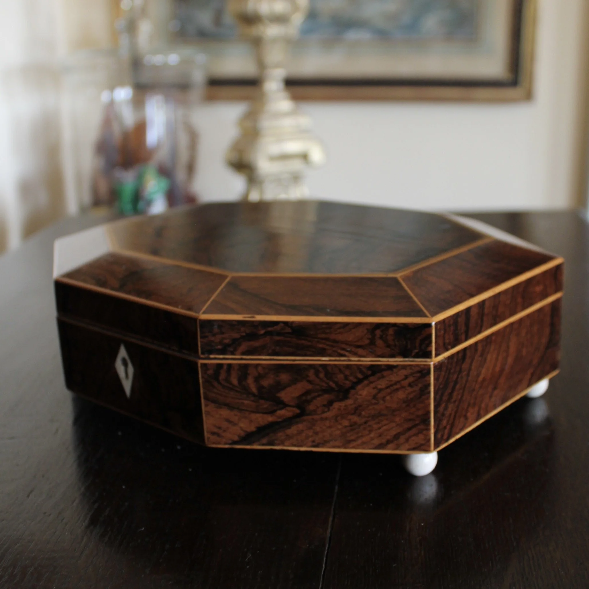 English Octagonal Rosewood with Boxwood Line Inlay Jewelry Box