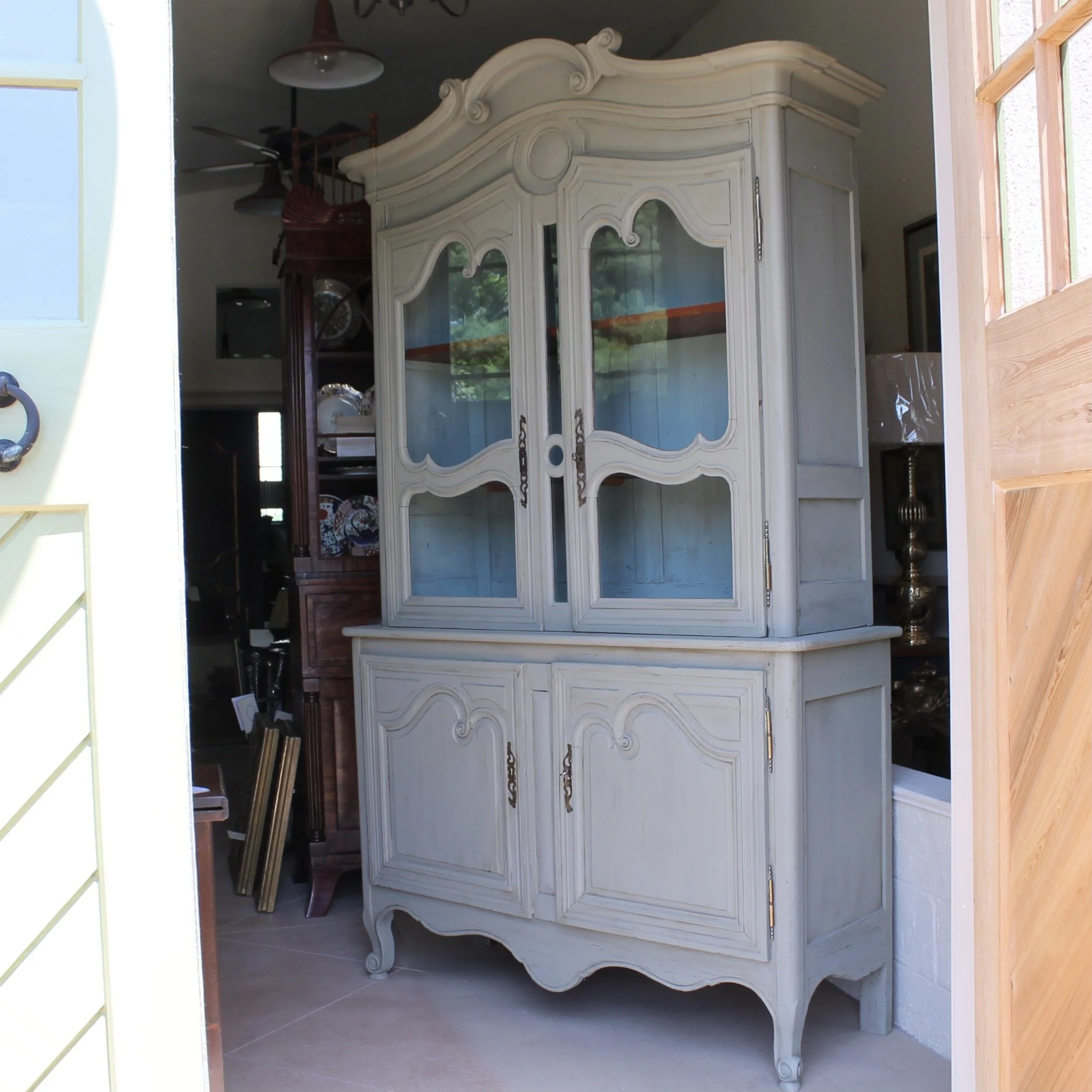 French Gray Painted Glass Front China Cabinet (Buffet à Deux Corps) French Provoncial