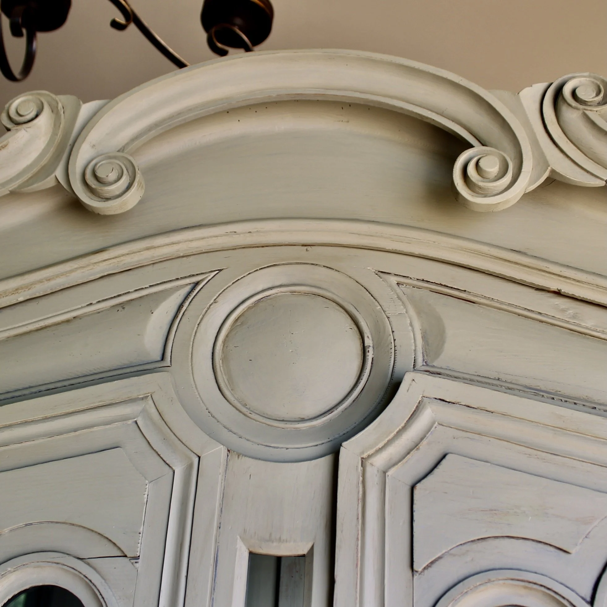 French Gray Painted Glass Front China Cabinet (Buffet à Deux Corps) French Provoncial
