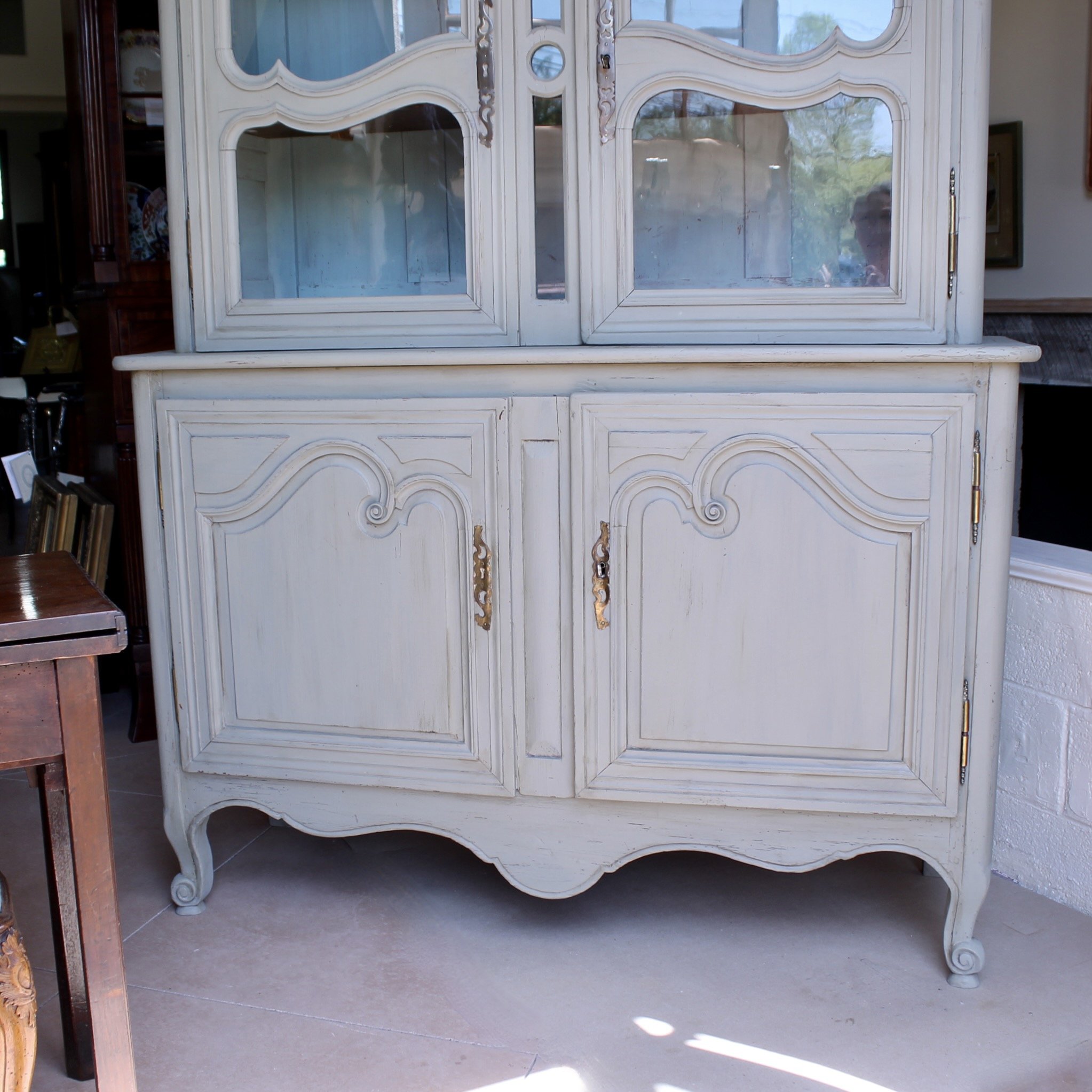 French Gray Painted Glass Front China Cabinet (Buffet à Deux Corps) French Provoncial