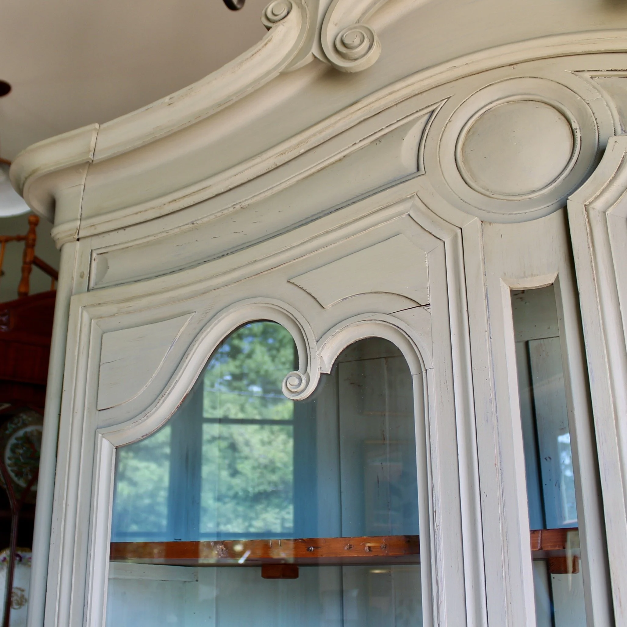 French Gray Painted Glass Front China Cabinet (Buffet à Deux Corps) French Provoncial