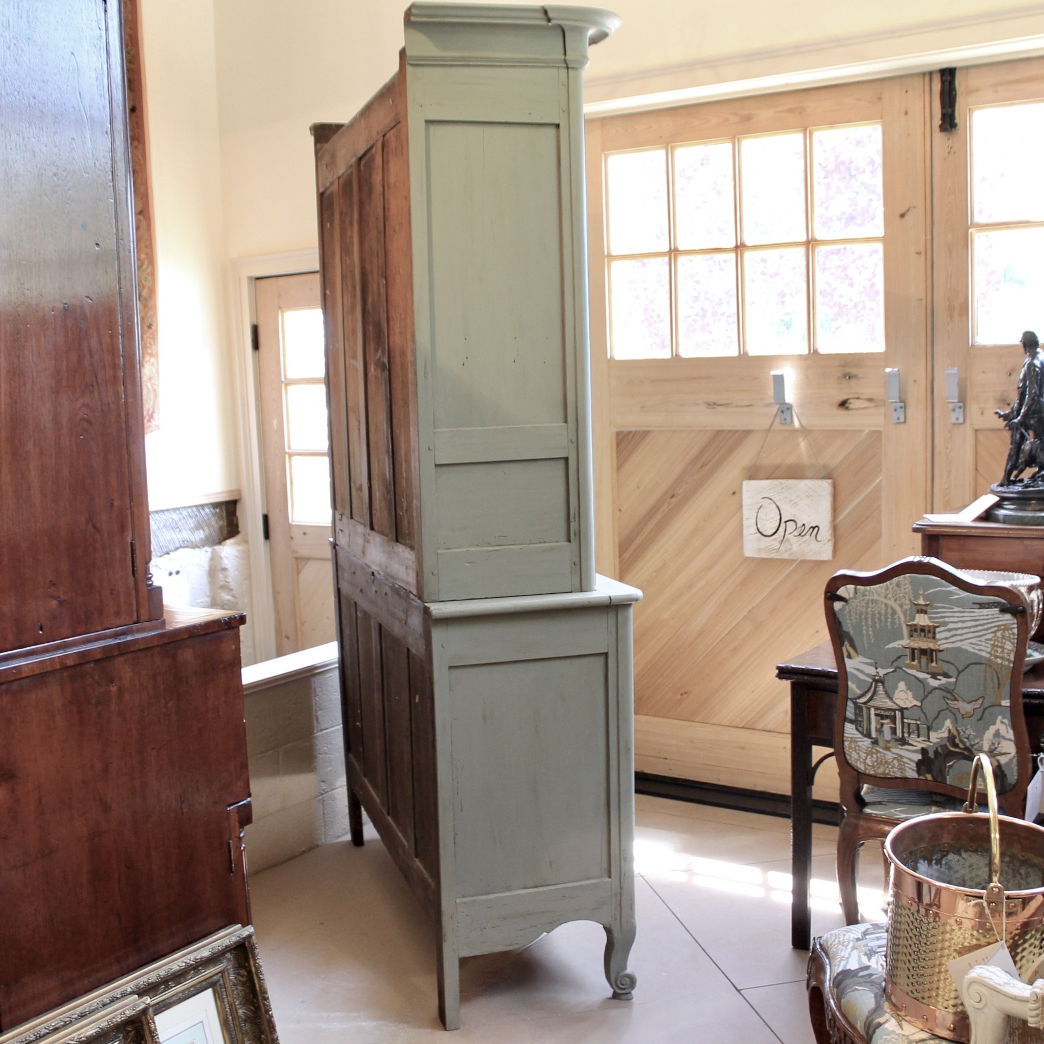 French Gray Painted Glass Front China Cabinet (Buffet à Deux Corps) French Provoncial