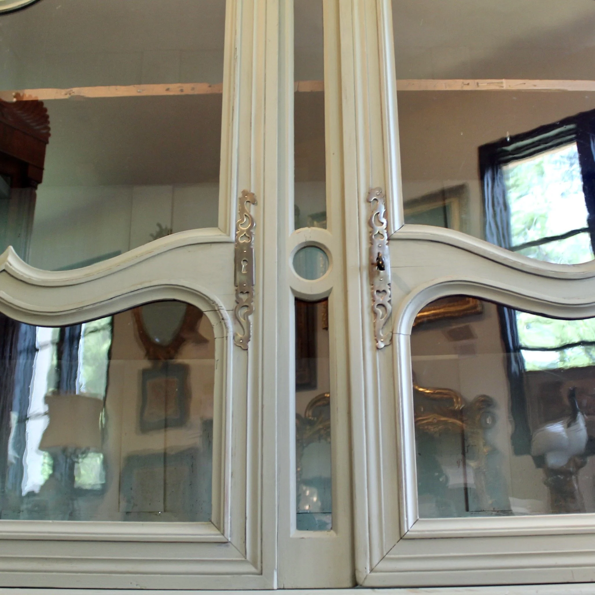French Gray Painted Glass Front China Cabinet (Buffet à Deux Corps) French Provoncial