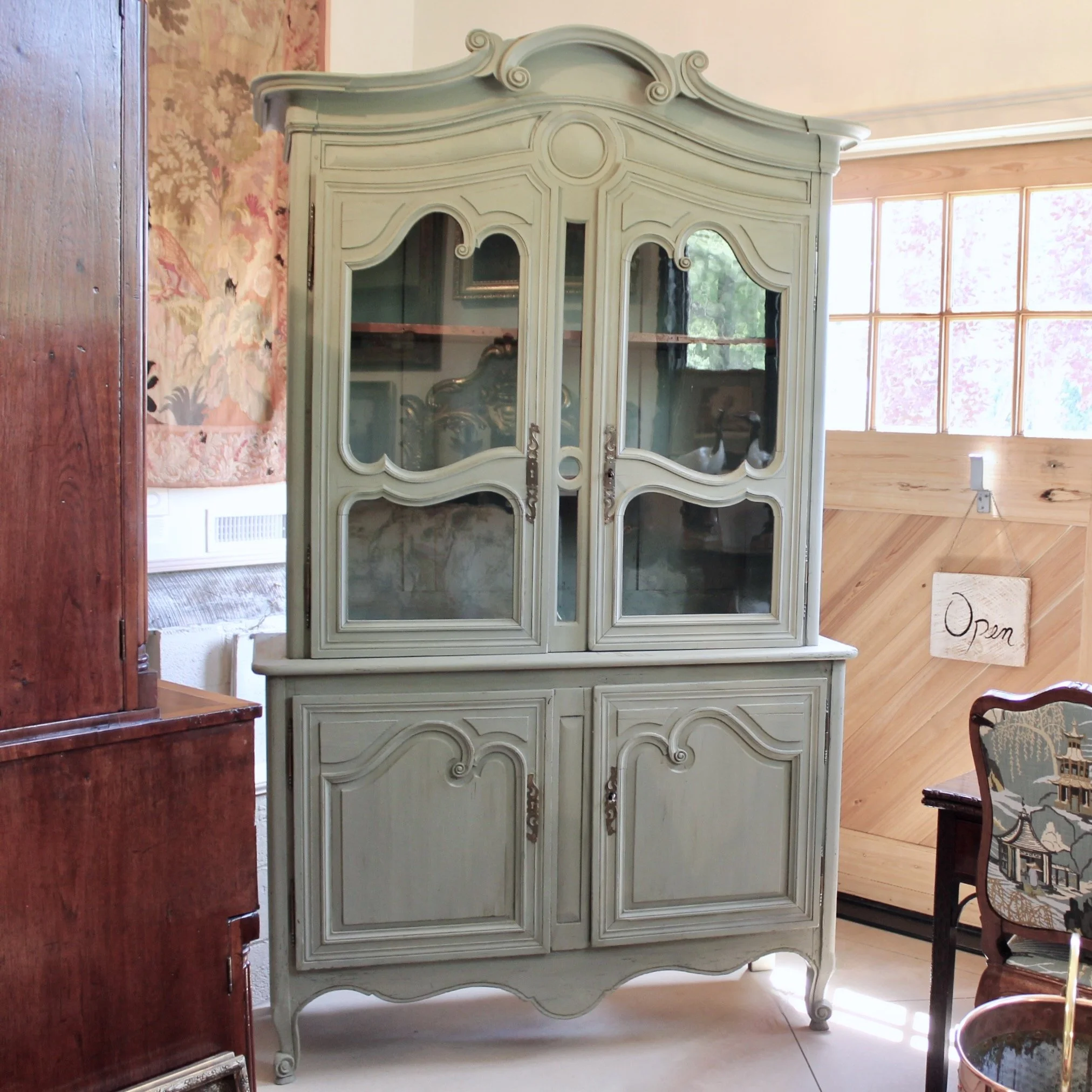 French Gray Painted Glass Front China Cabinet (Buffet à Deux Corps) French Provoncial