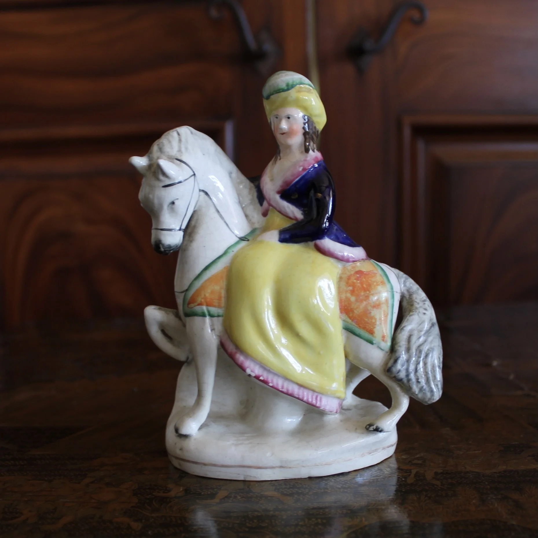Pair of Staffordshire Finely Dressed Figures Lady and Gentleman, Mounted on Horses