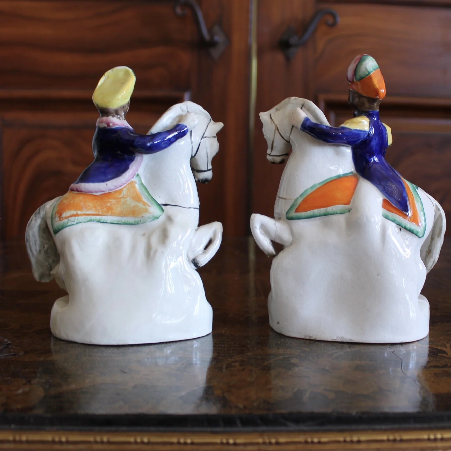 Pair of Staffordshire Finely Dressed Figures Lady and Gentleman, Mounted on Horses